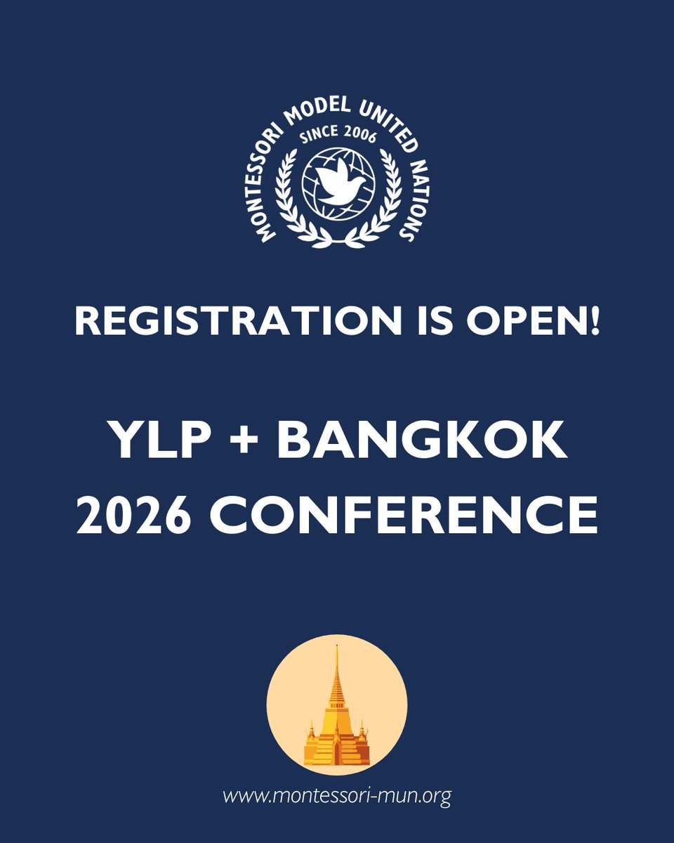 ⏰ 𝙍𝙚𝙜𝙞𝙨𝙩𝙧𝙖𝙩𝙞𝙤𝙣 𝙞𝙨 𝙊𝙋𝙀𝙉 ⏰

Registration for 2026 #MMUN Year Long Program + Bangkok Conference opens TODAY - Dec 1st, 10AM EST

Learn more and register: montessori-mun.org/conference/yea…

#MMUN20Years
#Montessori
#MMUN2026
#UnitedNations