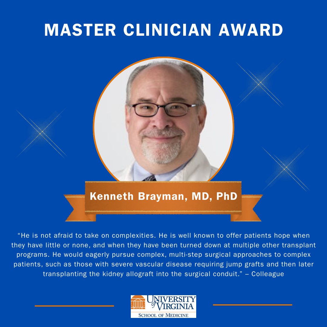 Congratulations to Dr. Kenneth Brayman, a recipient of the 2025 Dean’s Master Clinician Award, honoring physicians known as the “doctors’ doctor.” Thanks for your exceptional expertise, compassionate care, and outstanding clinical service. This recognition is truly well deserved!