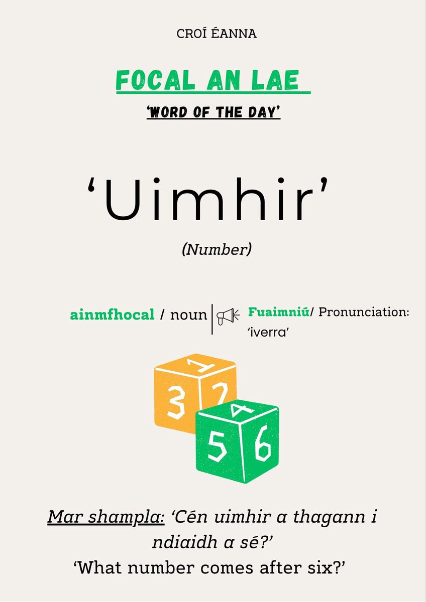 ✏️FOCAL AN LAE✏️
      Word of the day 

Tapaígí an deis chun focail agus frásaí nua a fhoghlaim linn! 

Take the chance to learn new words / phrases! 🙌

Focal an lae inniu: Uimhir  

Today’s word:  number 🔢 

Ar aghaidh libh 🙌