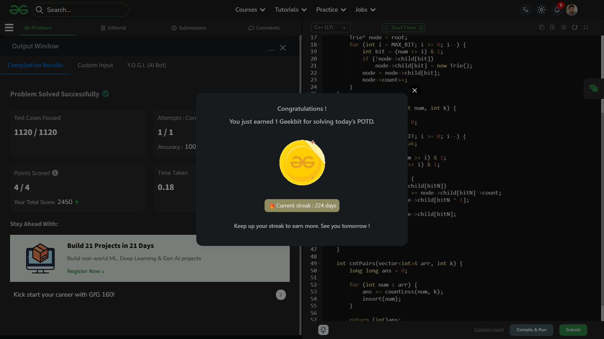 shahidx_05's tweet image. Day 261 – #365DaysOfCode

✅ Max Running Time of N Computers
✅ Count XOR Pairs less than K
✅ Codeforces 2166A

#DSA #LeetCode #GfG #Codeforces #CompetitiveProgramming #ProblemSolving #LearnInPublic #buildinpublic