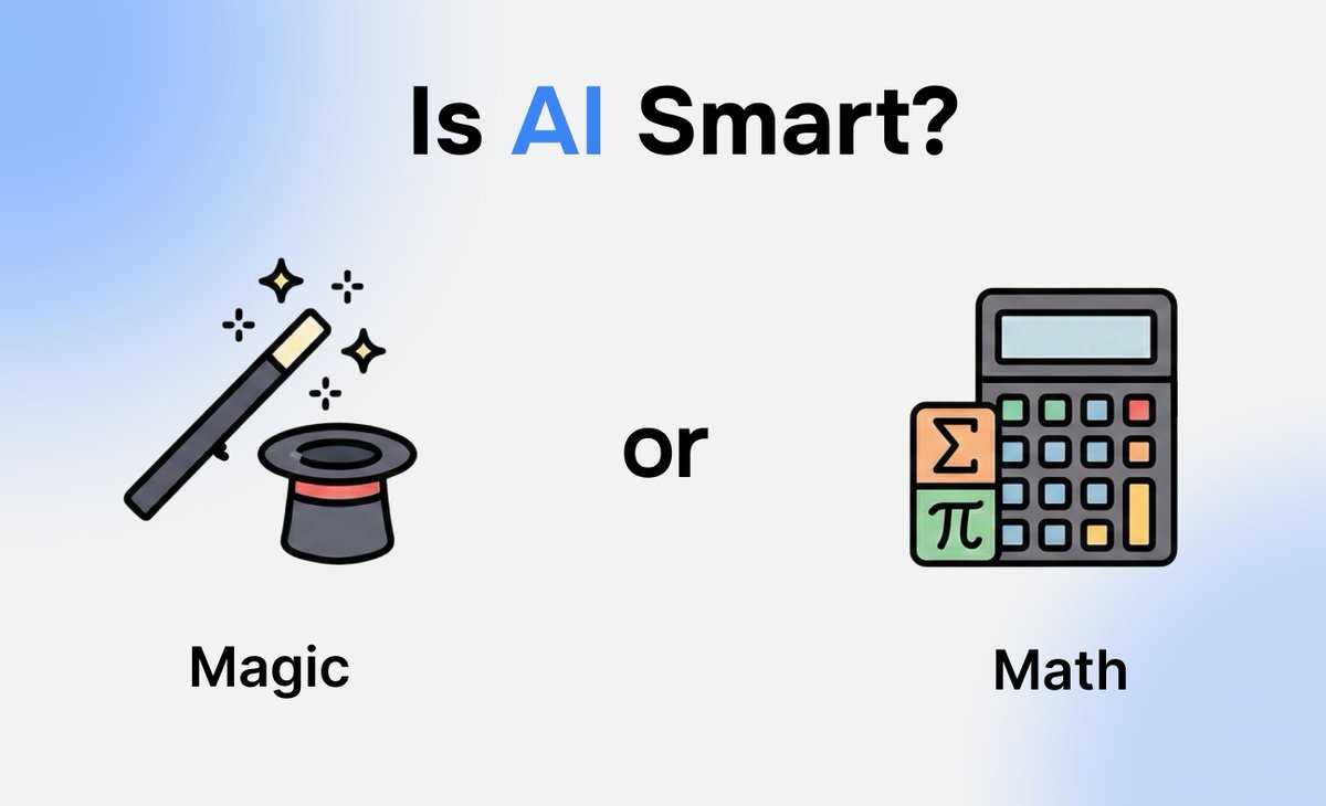 𝗔𝗜 𝗶𝘀𝗻’𝘁 𝘀𝗺𝗮𝗿𝘁. 
𝗜𝘁 𝗷𝘂𝘀𝘁 𝗽𝗿𝗲𝗱𝗶𝗰𝘁𝘀.

AI doesn’t think or understand.
It simply guesses the 𝗻𝗲𝘅𝘁 𝘁𝗼𝗸𝗲𝗻 using patterns.

(A thread 🧵)
#AI #HotTake #MachineLearning