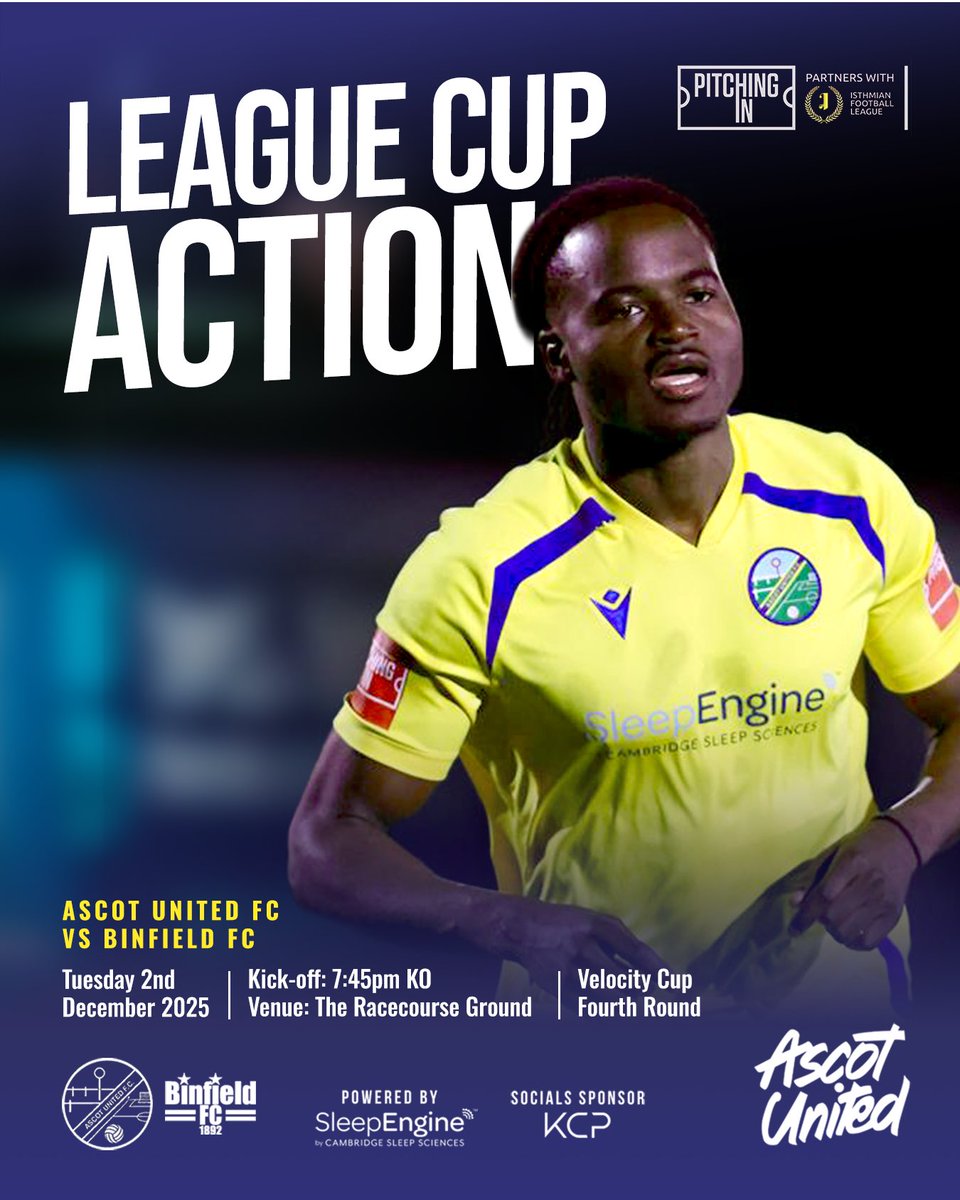 AscotUnitedFC's tweet image. 𝐋𝐄𝐀𝐆𝐔𝐄 𝐂𝐔𝐏

⚽ vs @Binfieldfc 
🏆 @IsthmianLeague Velocity Cup 
📍 The Racecourse Ground, SL5 7LJ
🗓️ Tues 2nd December, 7:45PM KO
👀 Adults £10, Concs £7, U18s £3
🤤 Beer, Burger &amp;amp; Entry £15
💳 Card Only Venue
🍺 Bar &amp;amp; Cafe Open
🚗 Free Parking

app.fanbaseclub.com/Fan/Tickets/Se……