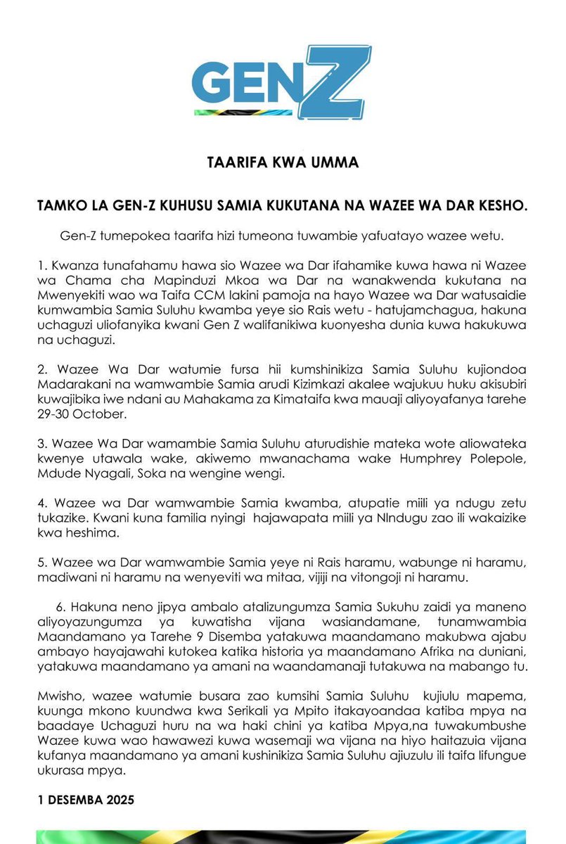 🚨‼️Tamko la Gen Z 🇹🇿 kuhusu mkutano wa wazee‼️
Vijana wamenyooka 🔥
👉🏽 hawa sio Wazee wa Dar ifahamike kuwa hawa ni Wazee wa Chama cha Mapinduzi Mkoa wa Dar na wanakwenda kukutana na Mwenyekiti wao wa Taifa CCM lakini pamoja na hayo Wazee wa Dar watusaidie kumwambia Samia Suluhu