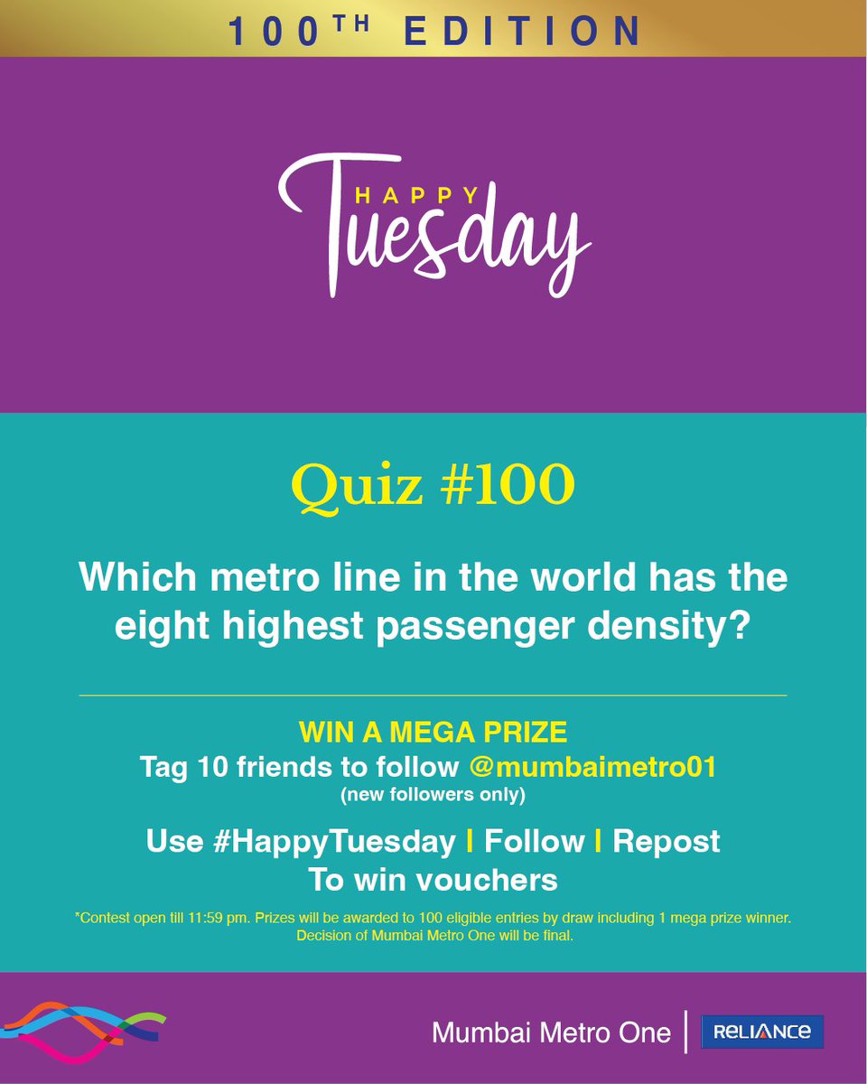 #HappyTuesday - 100th Edition 

The 100th edition is about a metro line in India that has 64 curves in all, with the steepest being 107 metres.

Tag 10 friends to follow <a href="/MumbaiMetro01/">Mumbai Metro</a> (only new followers will be accounted) and you could be ONE OF THE 100 WINNERS TO WIN A MEGA
