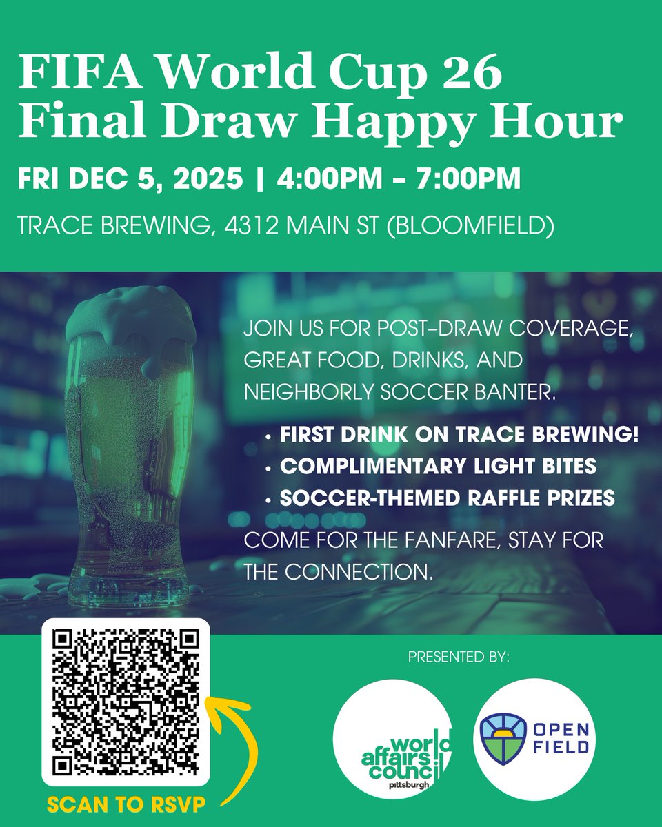 WorldPittsburgh's tweet image. This Friday! ⚽🍻 Join us + @openfieldintl for a World Cup Final Draw Happy Hour at @TraceBrewing. First drink on the house, raffles, + great global conversation.

RSVP: worldpittsburgh.networkforgood.com/events/94076-f…