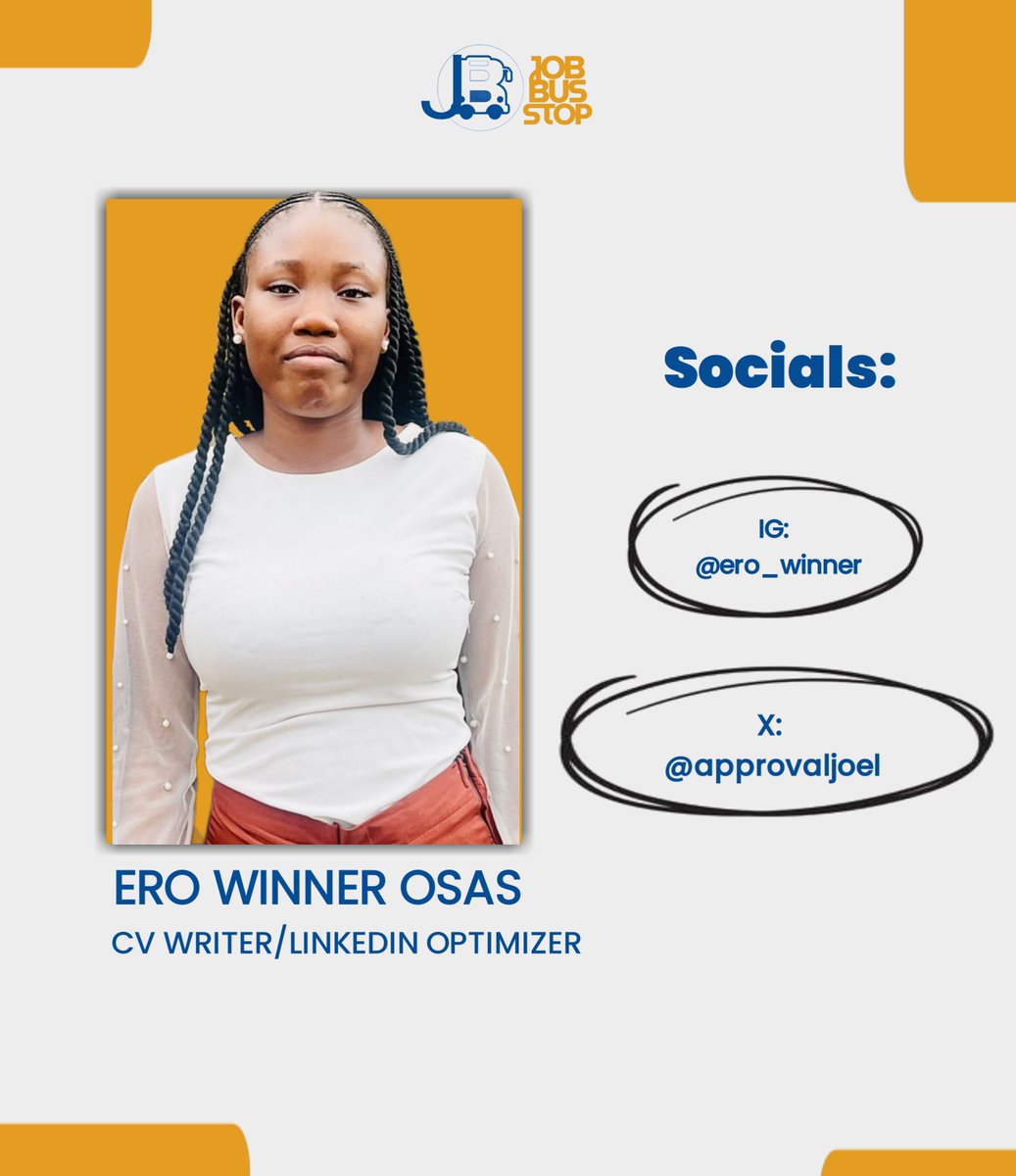 JobBusStop's tweet image. Meet our newest team member! 🚀

Welcome Ero Winner (@approvaljoel), expert CV Writer &amp;amp; CV Optimizer, to the Job Bus Stop family!