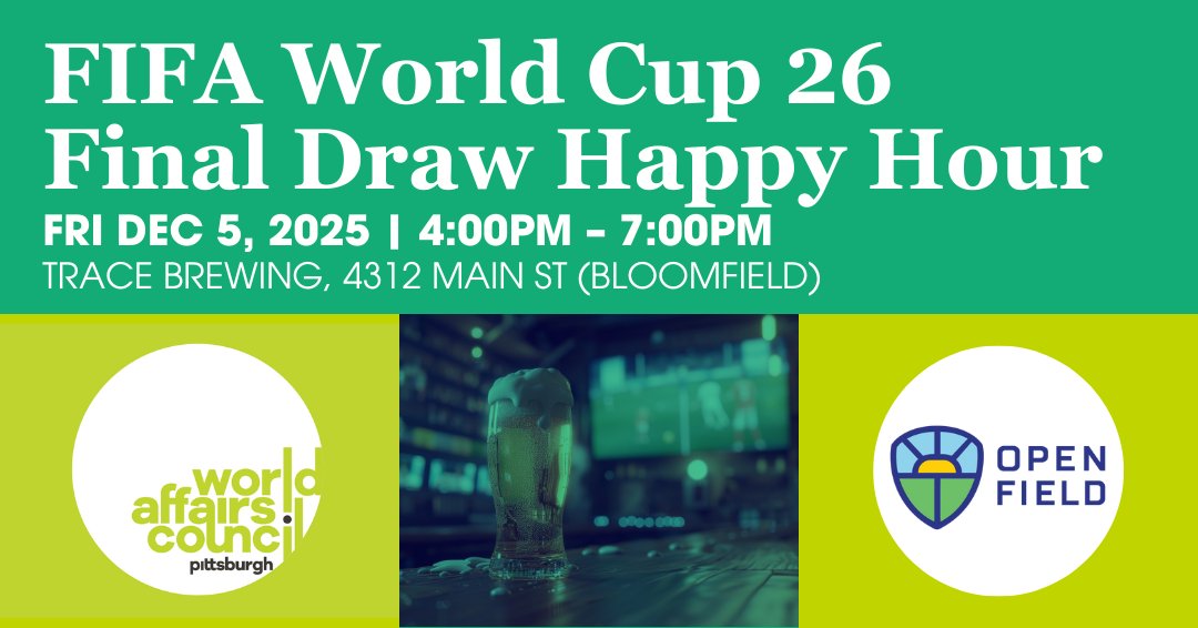 WorldPittsburgh's tweet image. 2 days to go! ⚽🍻
Join us + @openfieldintl Friday at @TraceBrewing. First drink on the house.
RSVP: worldpittsburgh.networkforgood.com/events/94076-f…