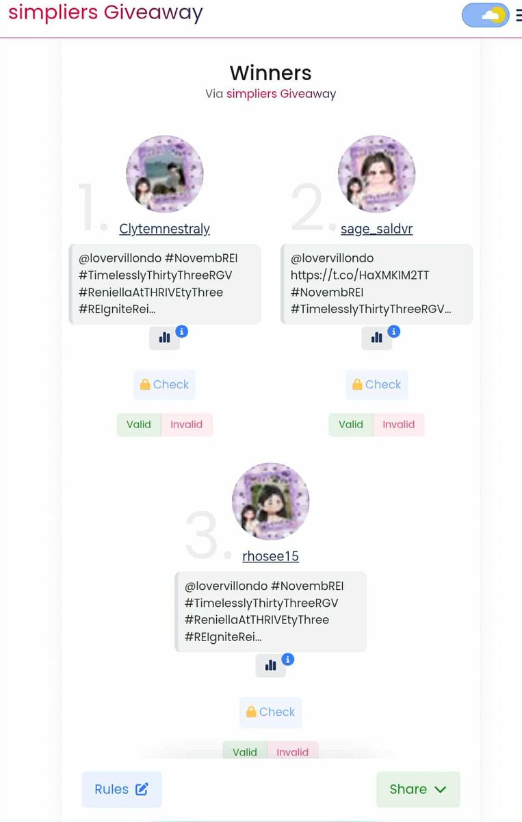 Wrapping up #NovembREI with our winners for twibbon check.

<a href="/Clytemnestraly/">Clyte 🎀 | may story na kami ni ymilio</a> 
<a href="/sage_saldvr/">ela | my nikkaziෆ</a> 
<a href="/rhosee15/">Jan 🪬</a> 

Congratulations, love! 💌
Kindly send us a message how to claim your prizes. Thank you for joining. 💟

#TimelesslyThirtyThreeRGV #ReniellaAtTHRIVEtyThree 
#REIgniteRei