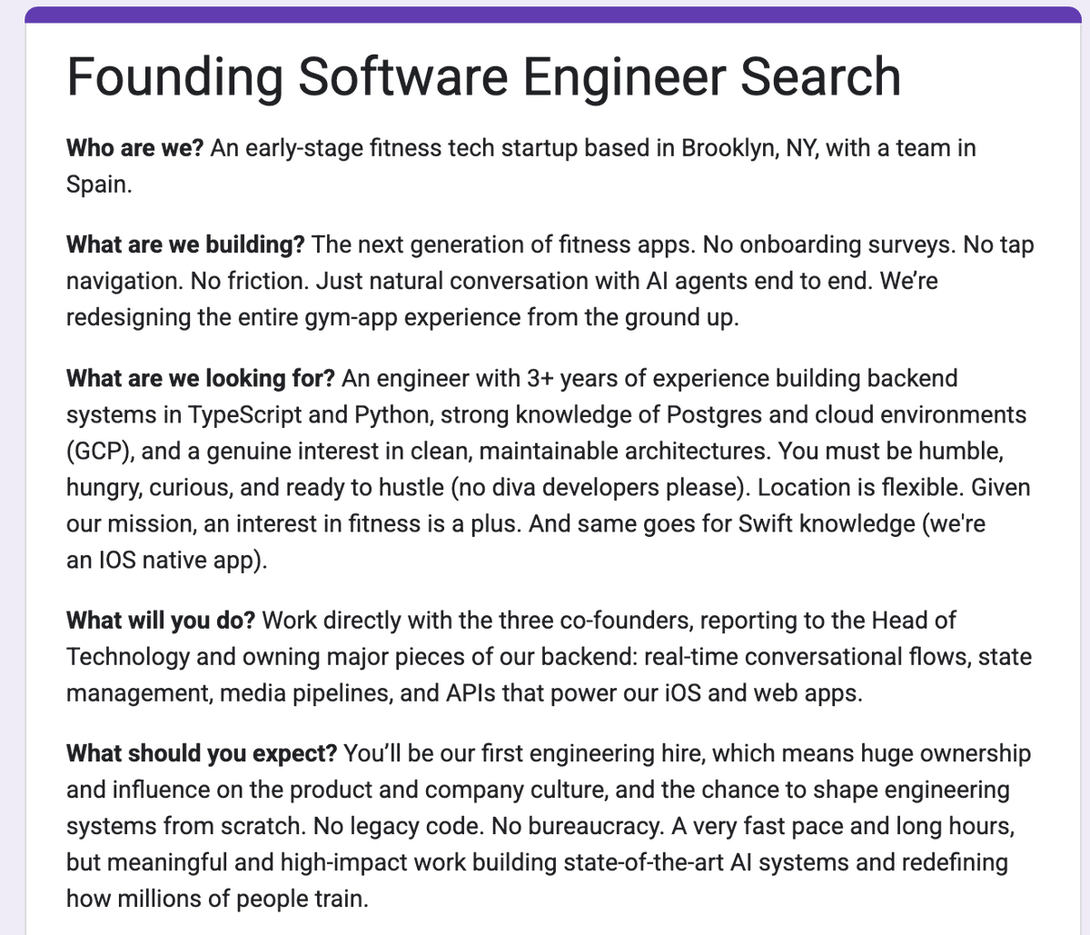 loonstep's tweet photo. We’re officially looking for our first founding software engineer. Someone who’s hungry, curious, and ready to change the way millions of people train at the gym. If that sounds like you (or someone you know!), please take two minutes to fill out this quick survey 🙏 https://t.co/RHzNjEaAqz
