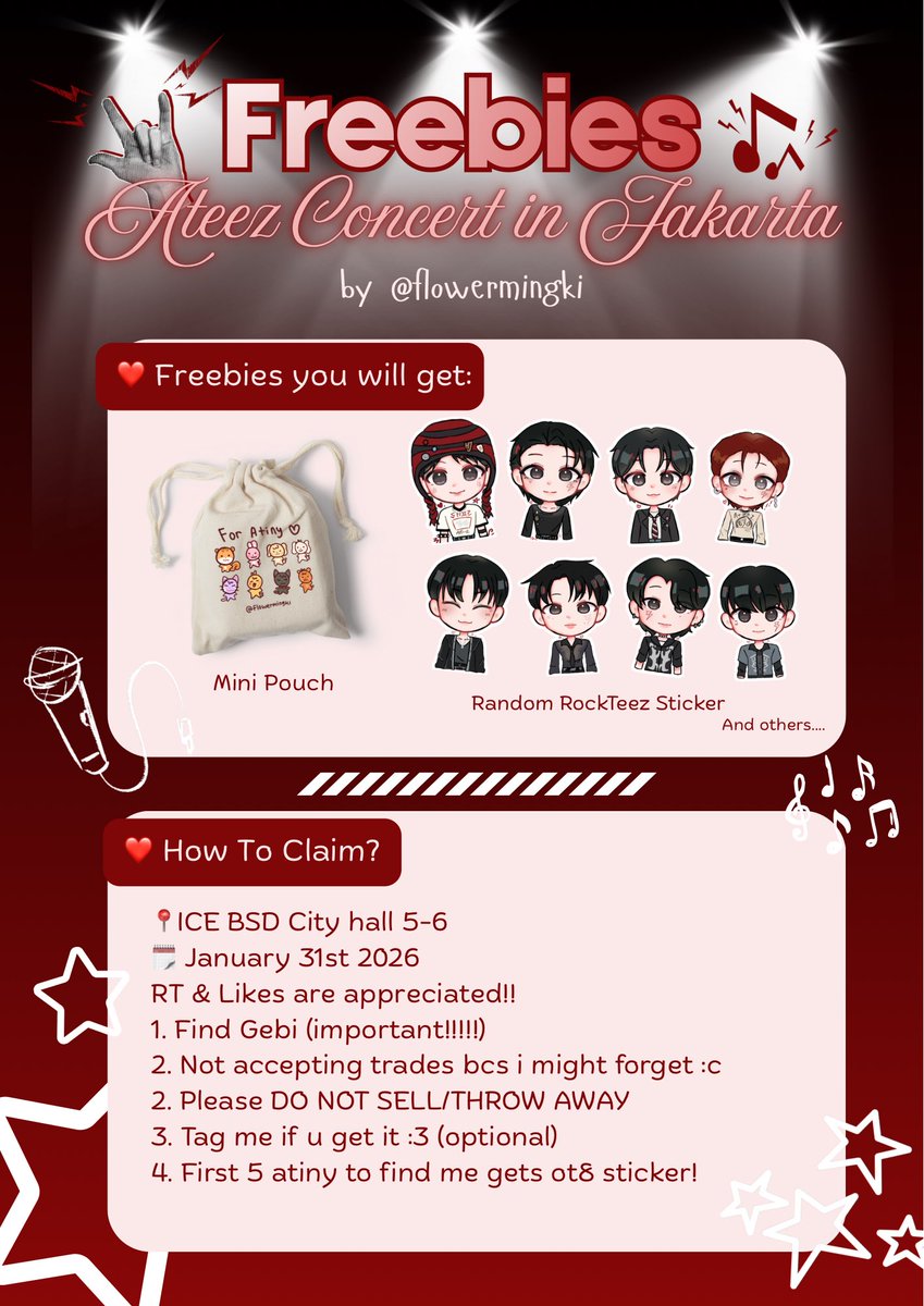 ⚡️🎸ATEEZ In Your Fantasy in Jakarta Freebies by <a href="/flowermingki/">Gebi ⭐️| SEEING ATEEZ</a> ᯓ★

📍ICE BSD City hall 5-6
🗓 Januari 31st 2026
Location: TBA!!!!

~ Likes &amp; RT are appreciated❤️
~ infos r in the pic :3
~ More info will be updated d-day

See you Atiny 🎸 ‧₊˚♪ 𝄞₊˚⊹