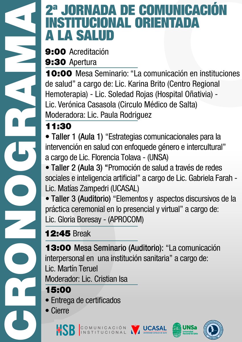 📌 “2º JORNADA DE COMUNICACIÓN INSTITUCIONAL ORIENTADA AL ÁMBITO DE LA SALUD DEL HSB”

▪️ Día: Miércoles 10 de Diciembre
▪️ Horario: 9:00 a 15:00
▪️ Lugar: Salón auditorio HSB
▪️ Link de inscripción: forms.gle/5uv5TvPzmiHudB…