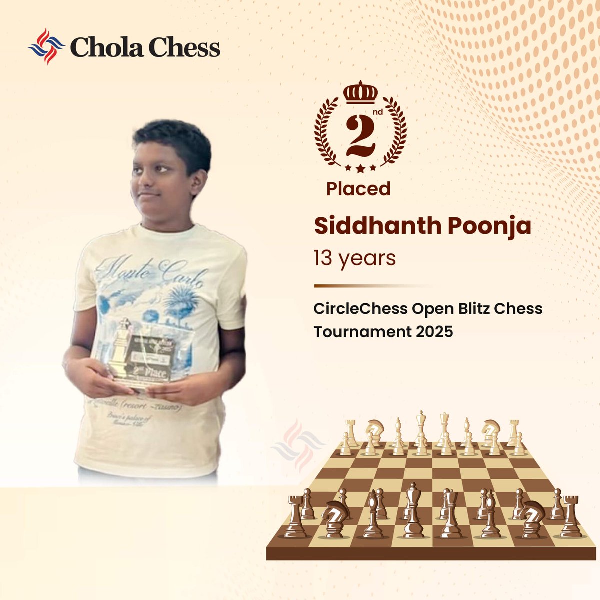 Siddhanth delivered an impressive performance at the CircleChess Open Tournaments 2025. 
1st place in the Rapid Tournament and followed it up with a strong 2nd place finish in the Blitz Tournament.

#CholaChess #CSRinitiative #FutureGrandmaster #MakeEveryMoveCount