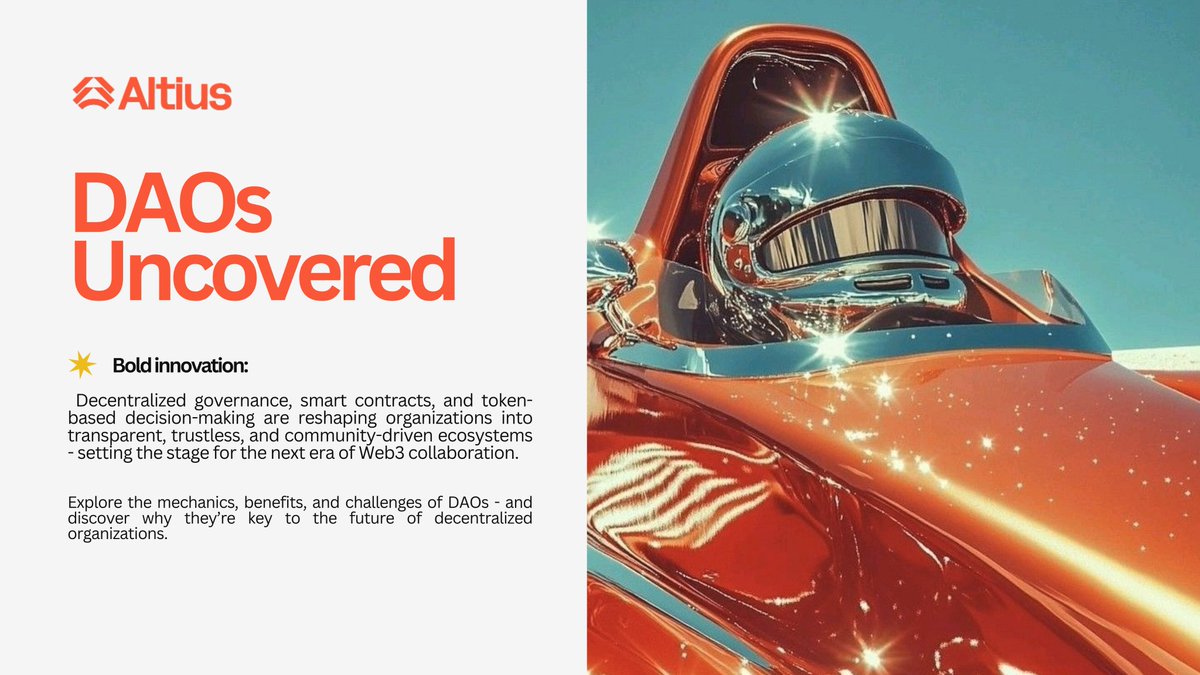 spacetraveler23's tweet image. DAOs are transforming how organizations operate. At their core lies code and community - not CEOs or boards. Smart contracts + collective voting = governance. This aligns with Altius’s vision for scalable, decentralized collaboration.
X-@AltiusLabs 
1-7
#AltiusLabs