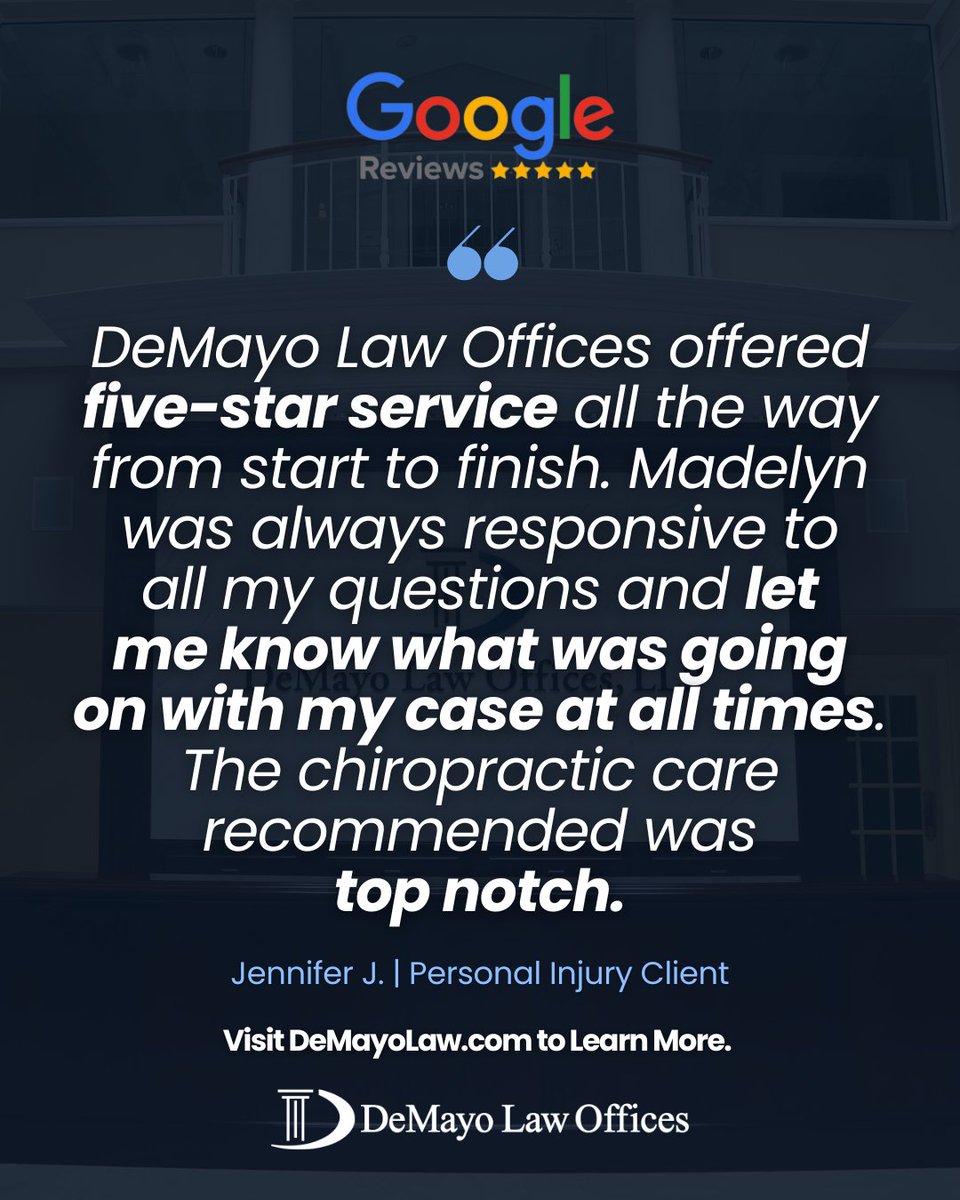 demayolaw's tweet photo. A five-star review for our five-star team! Thank you for recognizing the hard work and dedication our team brings to every case - we're proud to serve our clients with care, compassion, and commitment. #DeMayoLaw #Lawyer #NorthCarolinaLawyer #Attorney #NCLaw #NCLaw #CharlotteLaw https://t.co/9a5k0l9c00