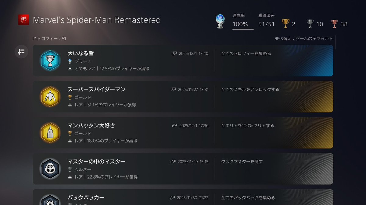 azrael42033's tweet photo. Marvel's Spider-Man
プラチナ取得しました！没入感凄い！
今年も後一ヶ月…後どれくらいゲームできるかな？
#ゲーム好きな人と繋がりたい 
#プラチナトロフィー https://t.co/nwYiwaAzhX