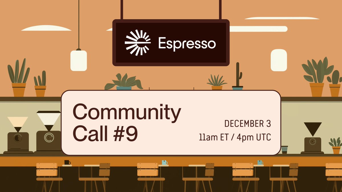 Join us this Wednesday for our monthly Community Call #9, where we’ll catch you up on everything brewing in the Espresso ecosystem (and there’s a lot!) ☕️

We’ll also be announcing the Brewie giveaway winner live!

📆 Dec 3rd, 11am ET / 4pm UTC 
🎥 Live on X and YT

Link ⤵️