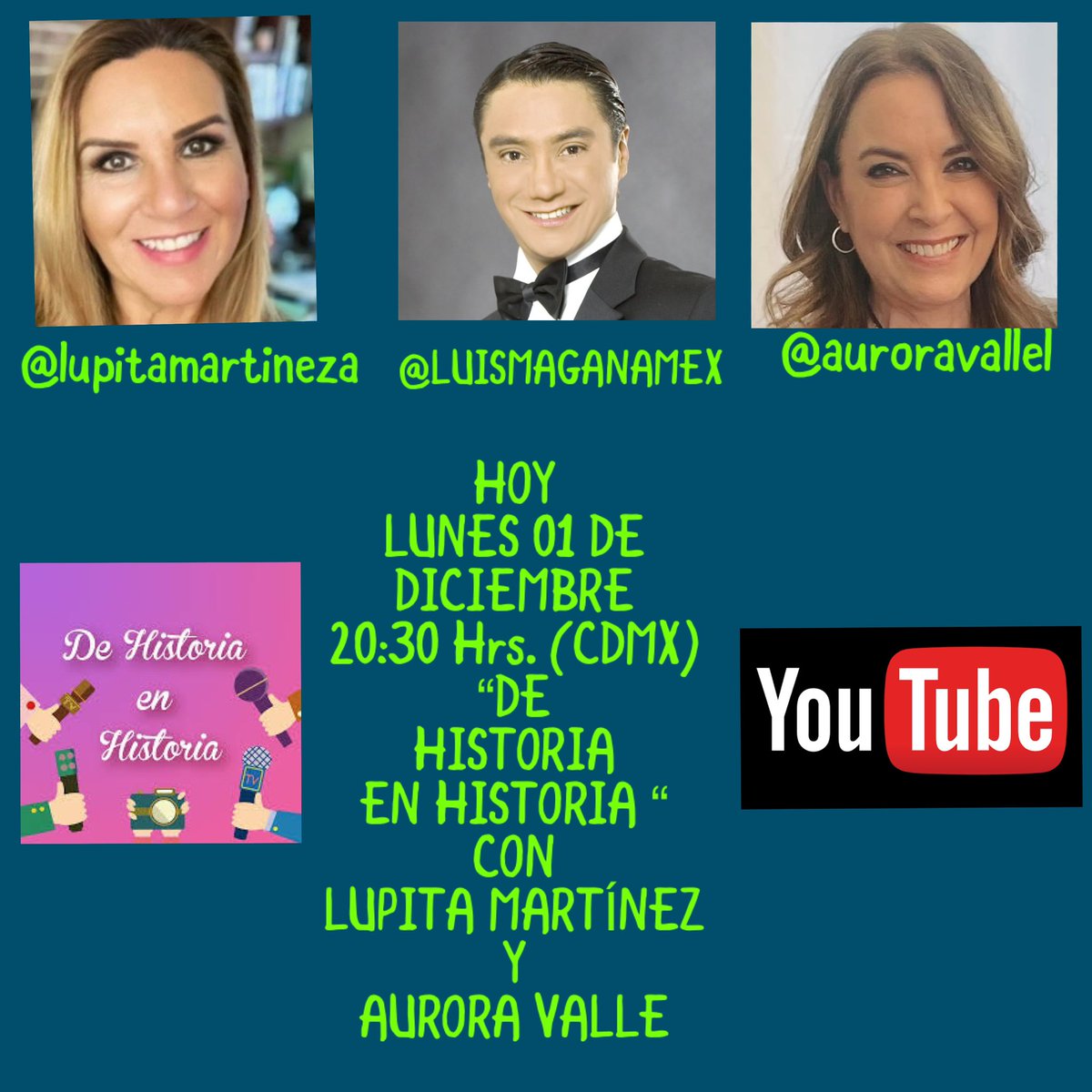 📺❤️ MAÑANA LUNES 01 de DICIEMBRE a las 20:30 hrs. <a href="/DeHistEnHist/">DeHistoriaEnHistoria</a> <a href="/LUPITAMARTINEZA/">LUPITAMARTINEZA✌🏼</a> y <a href="/AuroraValle/">Aurora Valle</a> por YouTube 📺 youtube.com/c/LupitaMartin… ❤️ #lovemyjob #happiness #loveyourself #journalist #news #carcajadas 💯 💖🎥