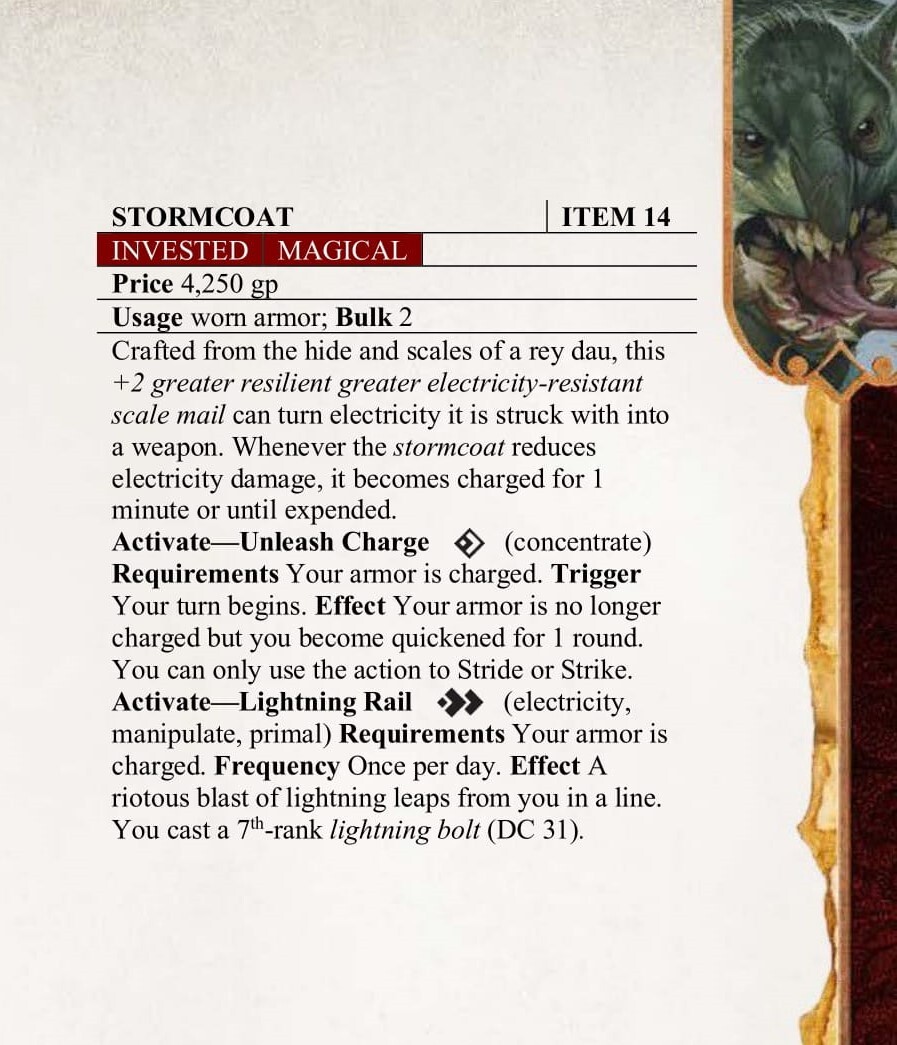 A lively, leaping lord of lightning, this looming lizard leads by a landslide when it lands in a labor, launching leagues of  lances in a lethal line-up that leave lackeys lugubrious.!

The Rey Dau! from #MHWilds

Built for pathfinder2e and 5e!

Check out our🔗's in bio for more!