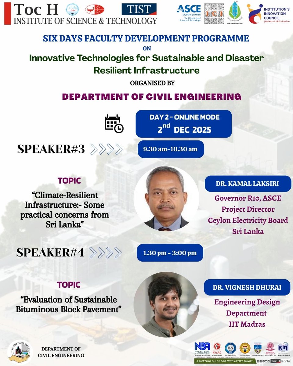 tochkochi's tweet image. Faculty Development Programme on &quot;Innovative Technologies for Sustainable and Disaster-Resilient Infrastructure&quot; with two enriching Day-2 sessions delivered by distinguished experts from Sri Lanka and IIT Madras.

Organised by the Department of Civil Engineering, TIST