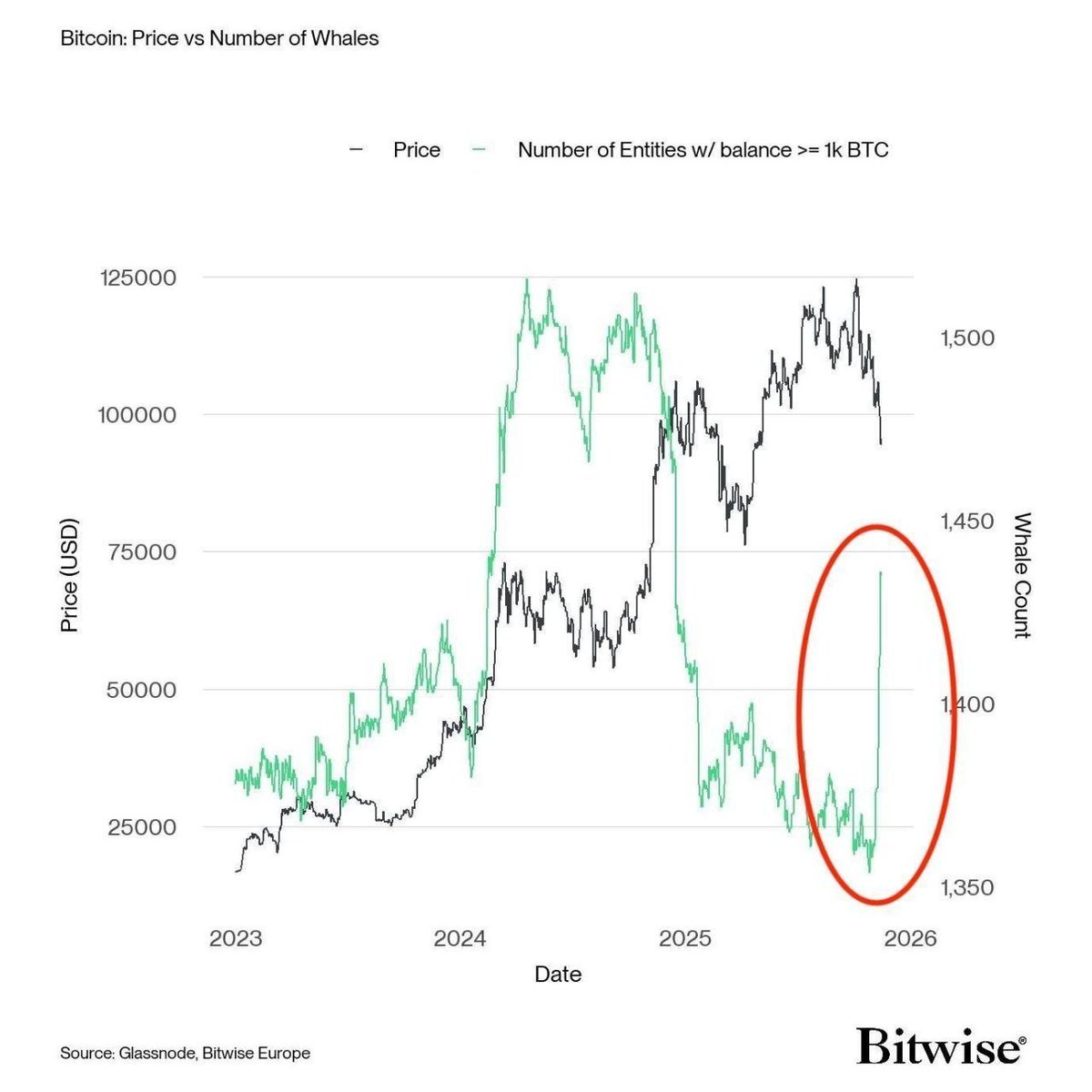 milkroaddaily's tweet photo. While retail was shaken out on this dip, entities holding 1,000+ BTC quietly posted one of their biggest weekly increases in years.

That kind of move only shows up when deep-pocketed buyers step in during moments of forced selling and thin liquidity.

Whales don’t chase green candles.

They wait for stress, dislocations, and emotional markets… then they scale in aggressively.

Conviction in this market, is in the balance sheets of the players adding four commas at a time.
