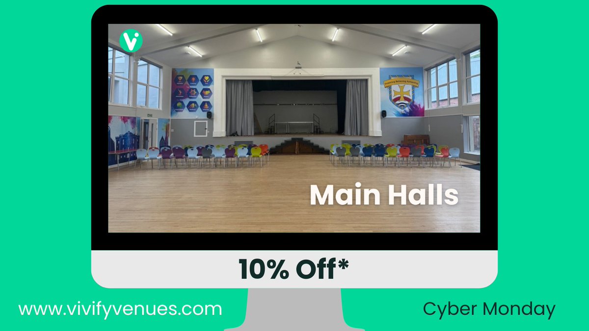 vivifyvenues's tweet image. 10% Off* Main Halls for #CyberMonday!

Need space for rehearsals, community events, or large meetings? Get 10% off* bookings made today only.

Find your perfect event venue now:vivifyvenues.com

*T&amp;amp;Cs apply
#Lectures #ChurchGroup #EventSpace #Rehersals #Choirs #Performance
