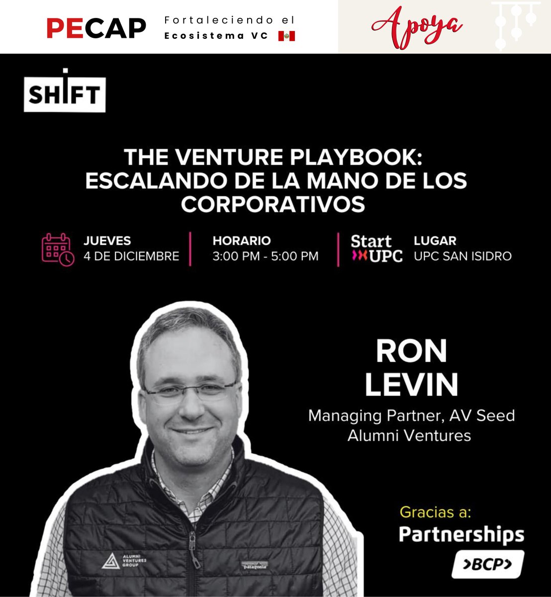 Este 4 de diciembre llega a Lima Ron Levin (Alumni Ventures &amp; AV Seed Fund) para una sesión clave entre startups y corporativos.
🎯Fintech · B2B SaaS · Blockchain · IA
📍UPC San Isidro
👉Registro Startups: luma.com/jeaapro3
👉Registro Corporativos: luma.com/epxvgd1w