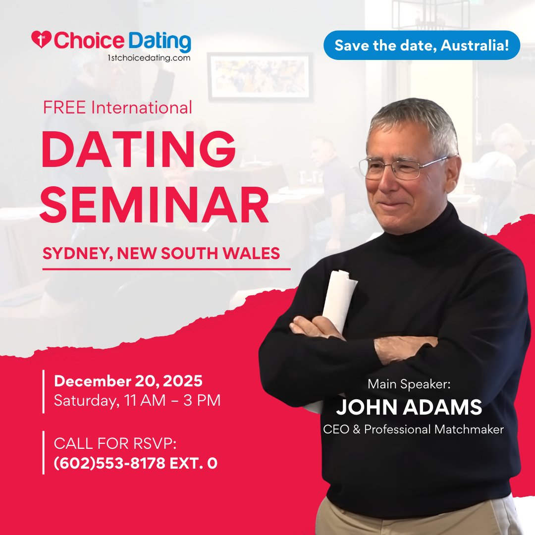 FirstChoiceDat1's tweet image. Countless men have found lasting love through international dating, and you can too! 💖

Let expert matchmaker John Adams guide you to success—for FREE—at our Sydney dating seminar. 🥰

👉 Secure your seat here. 1stchoicedating.com/go/xtw&amp;amp;path=in…

#datingseminar #matchmaking #PassportBros