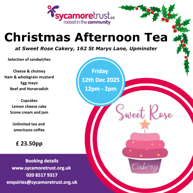 SycamoreTrustUK's tweet image. Just five places remain for our Christmas afternoon tea at Sweet Rose in Upminster on Friday 12th December.  Book now on 020 8517 9317 or email enquiries@sycamoretrust.org.uk
#autismawareness 
#ActuallyAutistic 
#autismacceptance