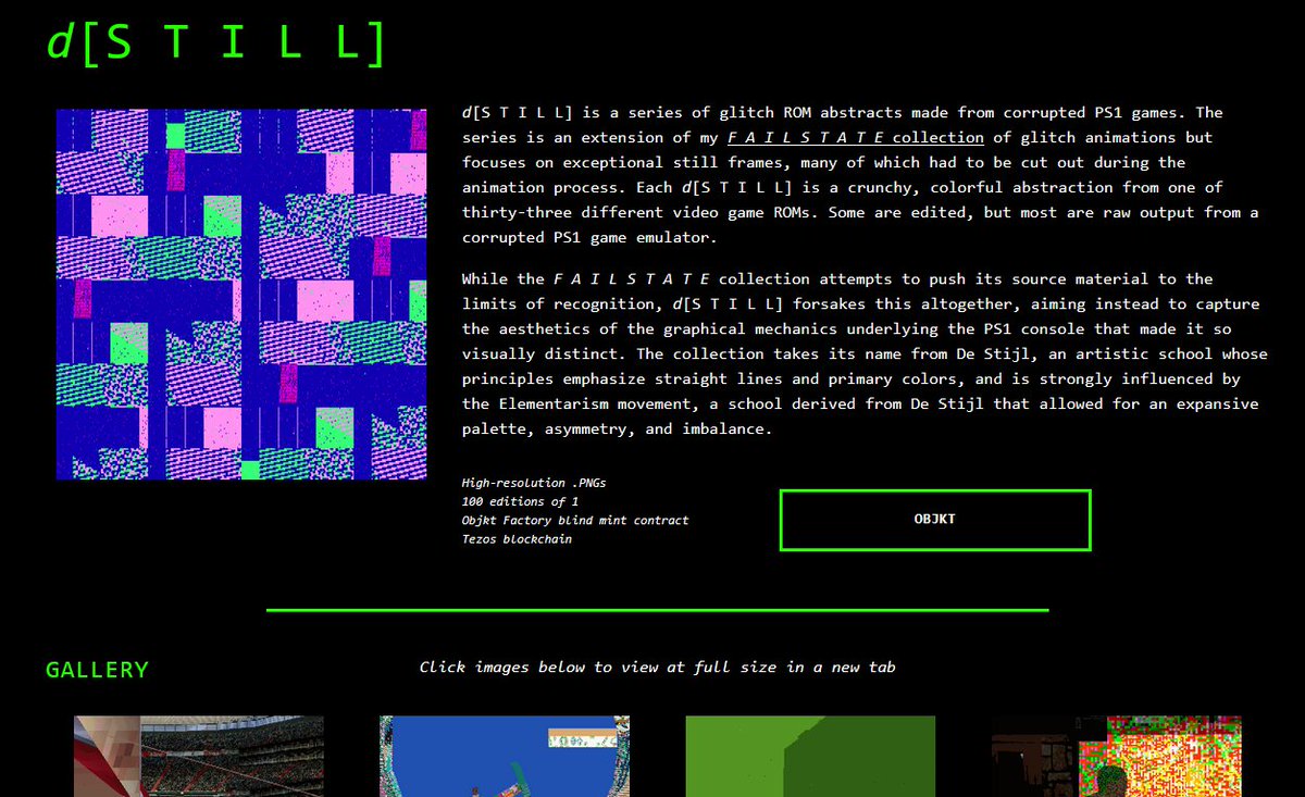 In preparation for launching a new collection, I have made some major updates to my homebrew artist website (lots of which is invisible to the average user). For anyone interested, there's now a preview of the 𝘥[S T I L L] collection you can check out!