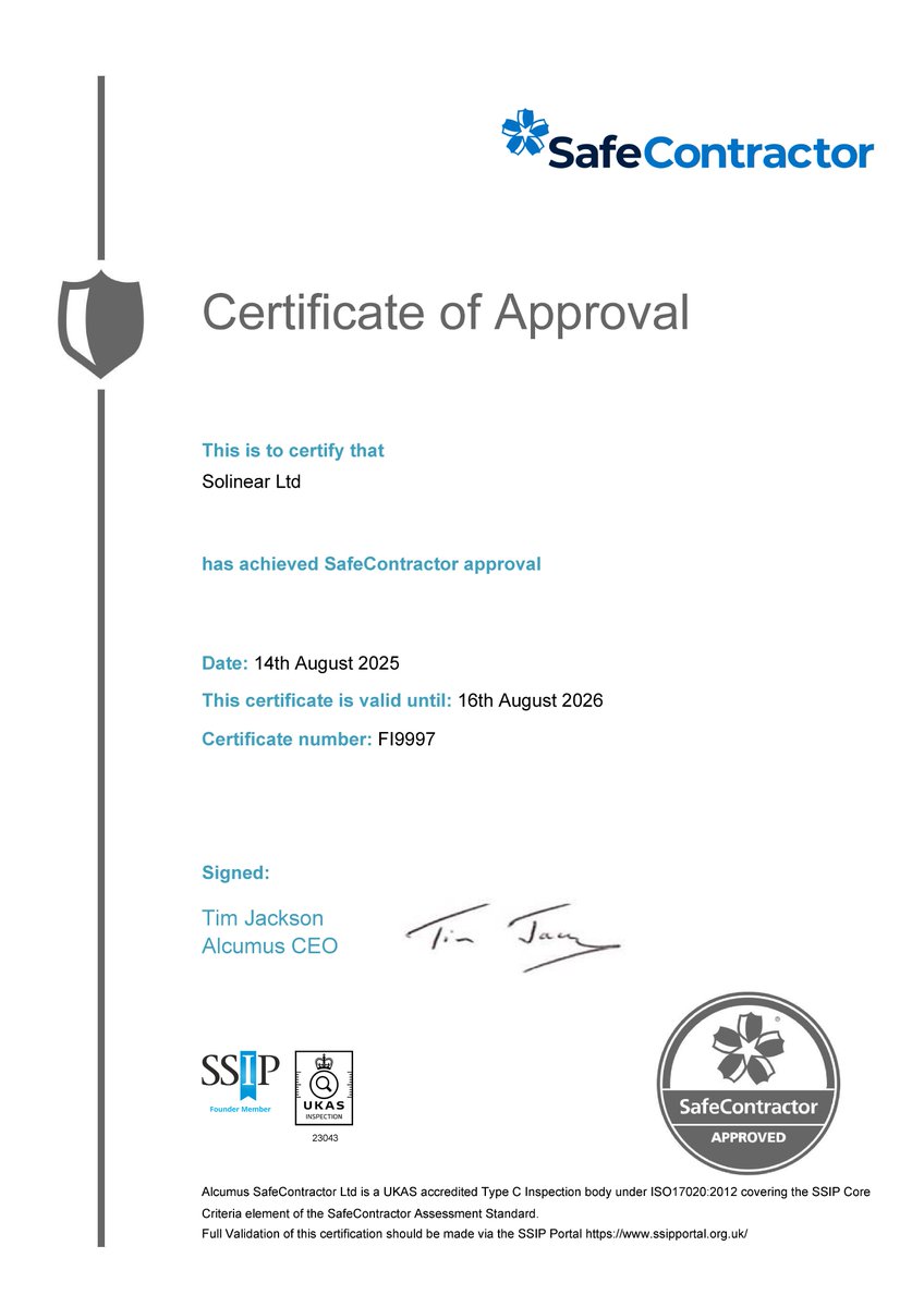 solarshader's tweet image. Solinear proudly holds #Alcumus #SafeContractor accreditation...

An important benchmark for #excellence in #healthandsafetymanagement across the UK....

#healthandsafety #awareness #certificate #certification #competence #highstandards #higheststandards #firesafety #contractors