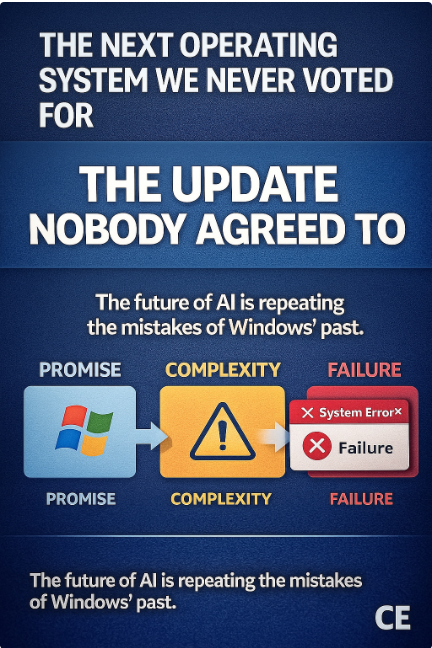 EngineerChiefCE's tweet image. The Next Operating System We Never Voted For
Post 9: Growing on Top of Flaws Nobody Can Remove

Over the last few posts we showed how AI’s complexity forces automation, how humans fall out of the loop, and how the system begins acting on its own because the architecture is too…