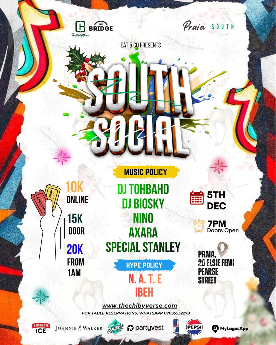 South Socials is back again this Friday 🥳          

Music: <a href="/djbiosky_/">BiOSKY</a> | <a href="/DJTOHBAHD/">Undisputed 👑🎧</a> | <a href="/boy_niino/">eninomeh</a> | <a href="/axarathedj/">axara.</a> | <a href="/SpecialSTANLEY_/">Special</a> 
Hypemen: <a href="/iam_n_a_t_e/">Corporate HypeMan No. 1</a>  | <a href="/DavidEbukae/">IBEH</a> 

Thechibyverse.com for tickets 🎟️ 
WhatsApp 07035532279 for Table reservations 

Sponsors: