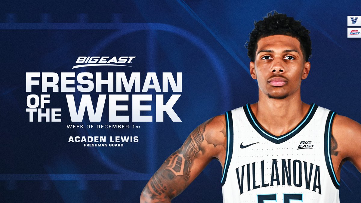 BIGEASTMBB's tweet photo. 2⃣-time BIG EAST Freshman of the Week!

@AcadenLewis put up 20 points and added three rebounds, four assists, and two steals in @NovaMBB's win and lone game last week vs. Old Dominion. https://t.co/Fqlng6ui66
