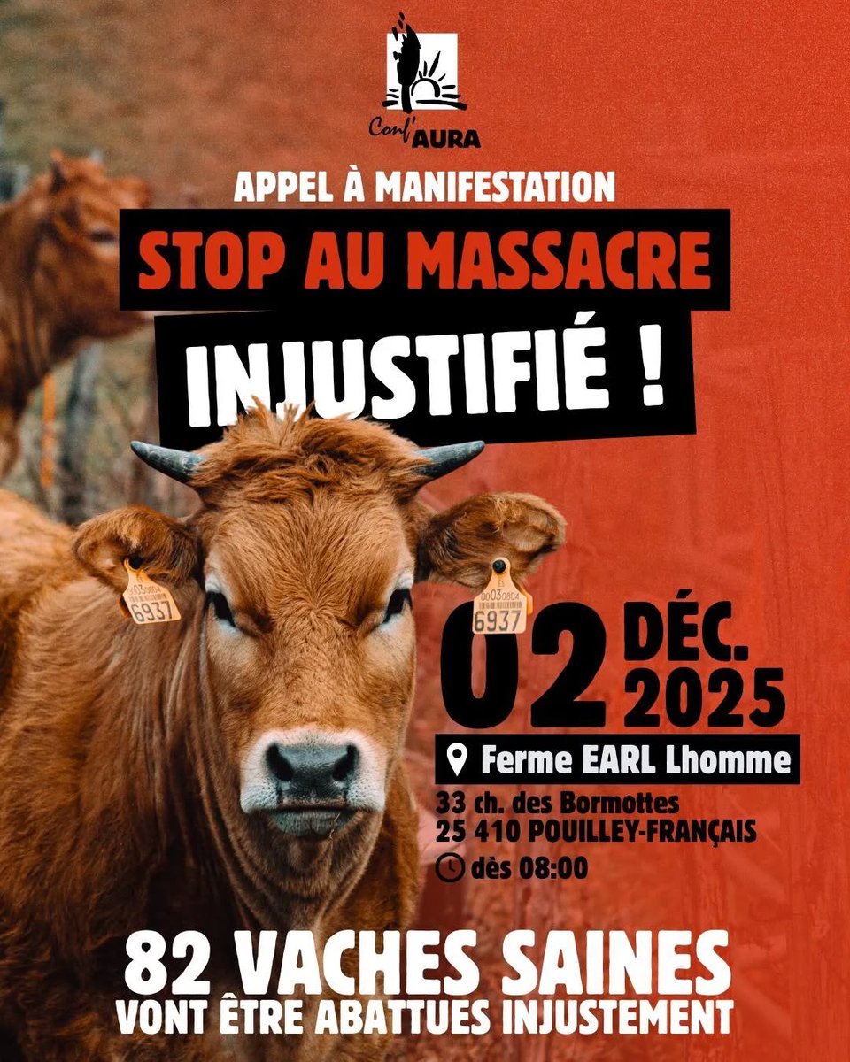ConfPaysanne's tweet image. 🚨✊ #DNC : La Confédération paysanne appelle à une très large mobilisation des paysan·nes et citoyen·nes pour bloquer l&apos;abattage de 82 bovins à Pouilley-Français dans le #Doubs. 
Rejoignez-nous ! 👇
