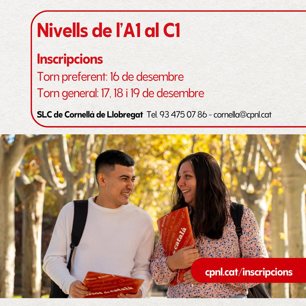 📝Inscripcions
📅Del 16 al 19 de desembre

✅Torn preferent: per a alumnes que durant els últims dotze mesos han completat un curs o n'han tramitat la baixa. També podran inscriure's, sense preferència, els dies del torn general.