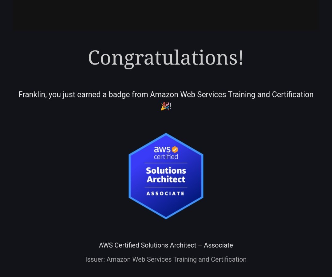 CouldBeFranklin's tweet image. Congratulations to me 🥳🥳🥳🥳
Passed my AWS SOLUTIONS ARCHITECT ASSOCIATE Exam Today with a score of 847/1000.
Thanks to @_TheAfolabi and @Oluwatobi_Msp For the Push, Tips and Guidance 🙏🙏.
We keep pushing untill we get there

#AWSCloud #Cybersecurity #CloudSecurity