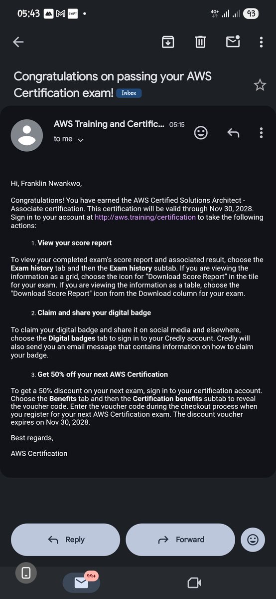 CouldBeFranklin's tweet image. Congratulations to me 🥳🥳🥳🥳
Passed my AWS SOLUTIONS ARCHITECT ASSOCIATE Exam Today with a score of 847/1000.
Thanks to @_TheAfolabi and @Oluwatobi_Msp For the Push, Tips and Guidance 🙏🙏.
We keep pushing untill we get there

#AWSCloud #Cybersecurity #CloudSecurity