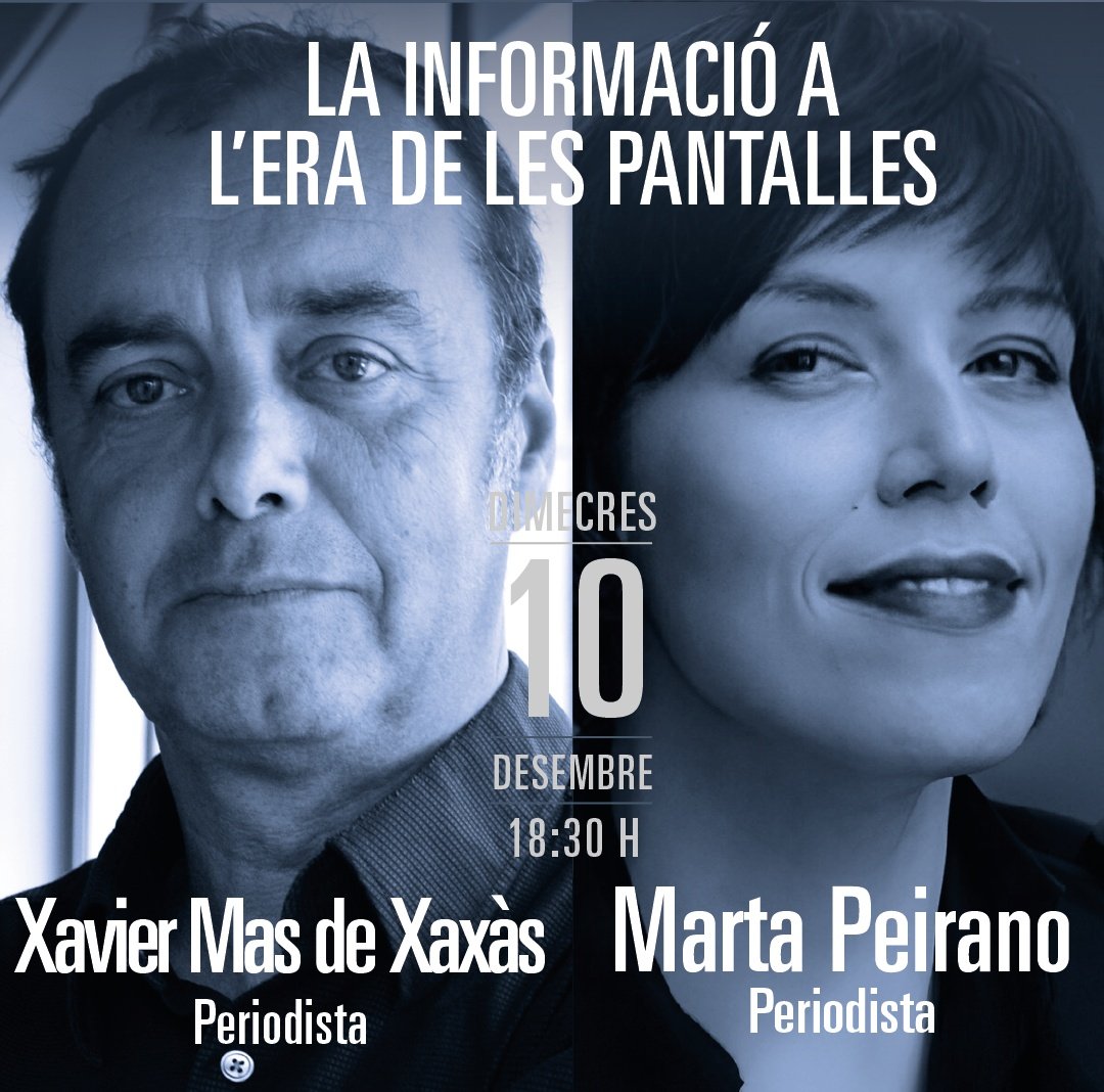 DIMECRES 10 de desembre a les 18.30h, diàleg entre Xavier Mas de Xaxàs i Marta Peirano amb presentació de Josep Ramoneda.
Escola Europea d’Humanitats, Palau Macaya de la Fundació “la Caixa”.
Inscriu-t'hi aquí:
palaumacaya.fundacionlacaixa.org/ca/p/la-inform…