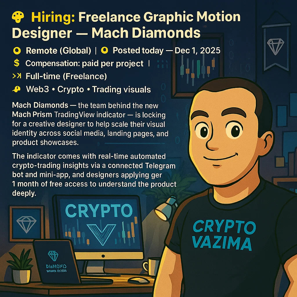 🎨 Hiring: Freelance Graphic & Motion Designer — Mach Diamonds 📍 Remote  (Global) | 💼 Full-time freelance | 🧑‍💻 Web3 • Crypto • Trading Visuals |  💰 Paid per project Mach Diamonds