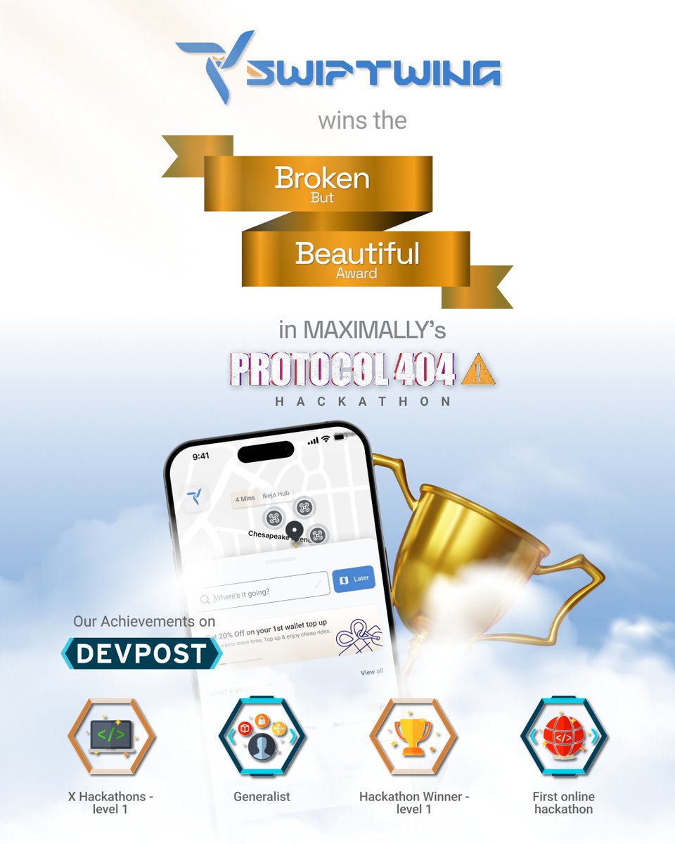 SwiftWingApp's tweet photo. Starting December strong! 🚀

Swift Wing just won the Broken But Beautiful Award at the Protocol 404 Hackathon hosted by @maximally_in  on @devpost 

Grateful for the recognition and excited for the tech credits, LOR and more. 

Onward across skies! 🚁☁️ https://t.co/sOdvtUVt1x
