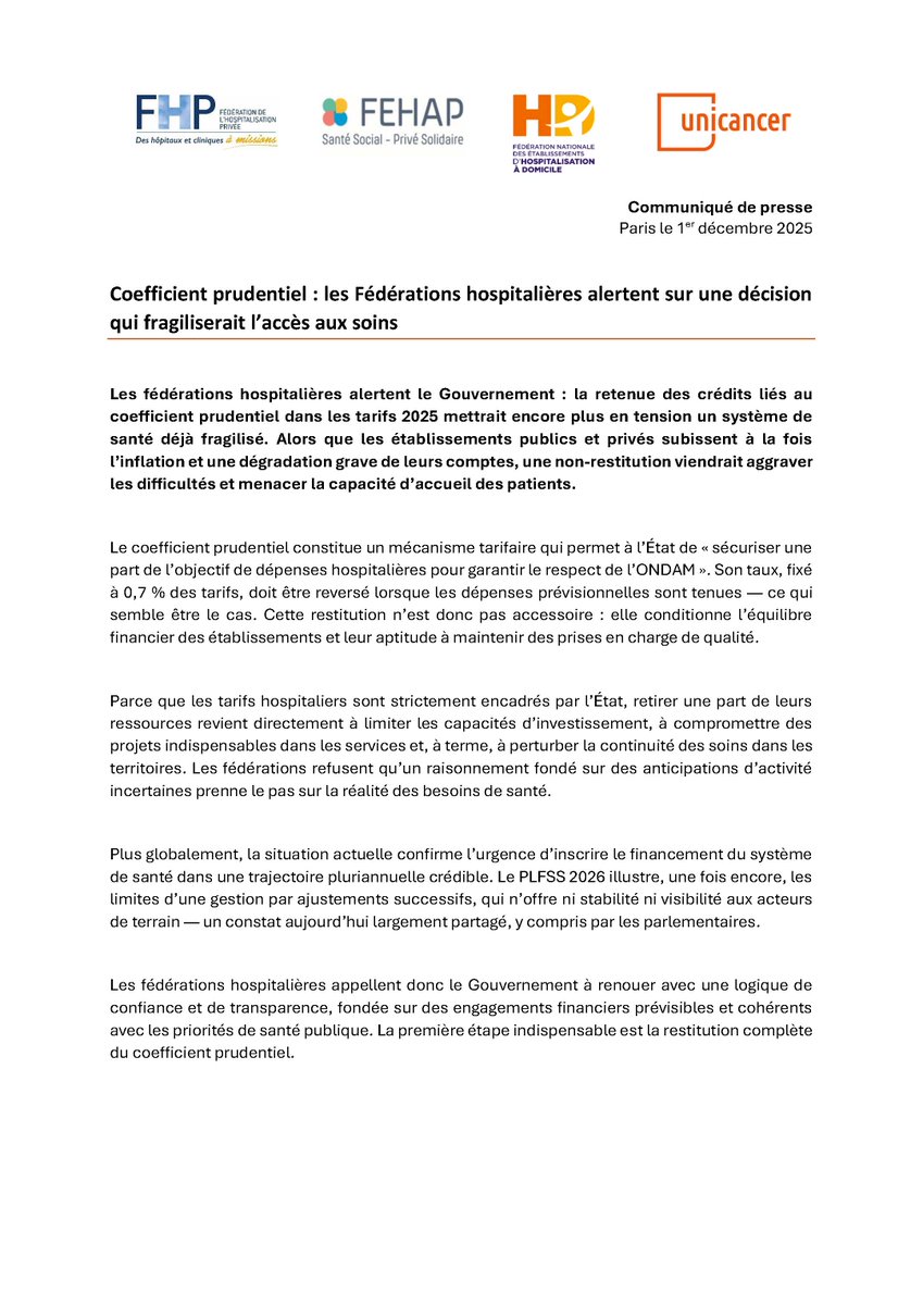 La_FHP's tweet photo. 📉 Coefficient prudentiel : une non-restitution mettrait en péril l’accès aux soins.
❗ Retirer 0,7 % des tarifs, c’est freiner les investissements et fragiliser les établissements.
Les fédérations hospitalières appellent à un dégel immédiat.
#FHP #Santé #Hôpital #PLFSS2026 https://t.co/Vy198VlDzN