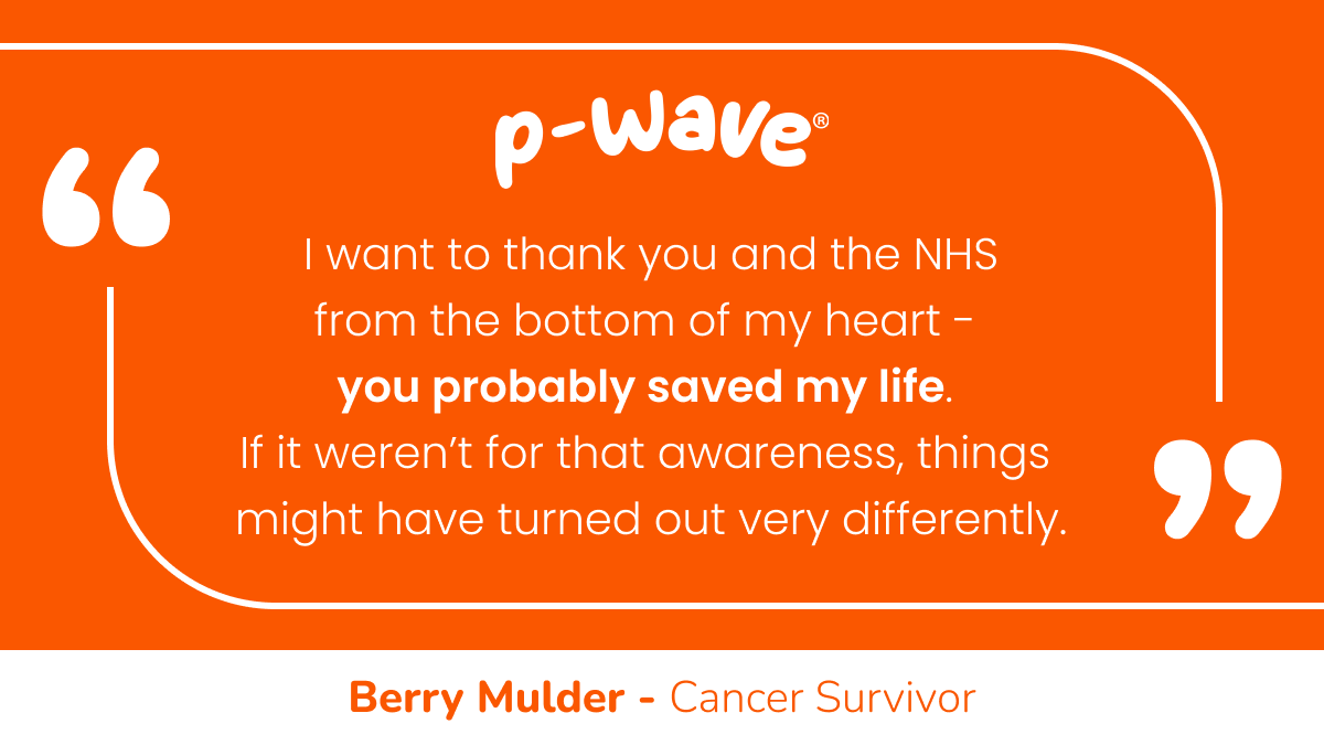 PWaveHQ's tweet photo. Cancer survivor Berry Mulder credits the NHS England message seen on a P-Wave urinal mat in a Marks &amp; Spencer store in Bristol with helping to save his life. 

Read the full story here.

https://t.co/GK4kQ76zCL https://t.co/7zbpJXqMXs