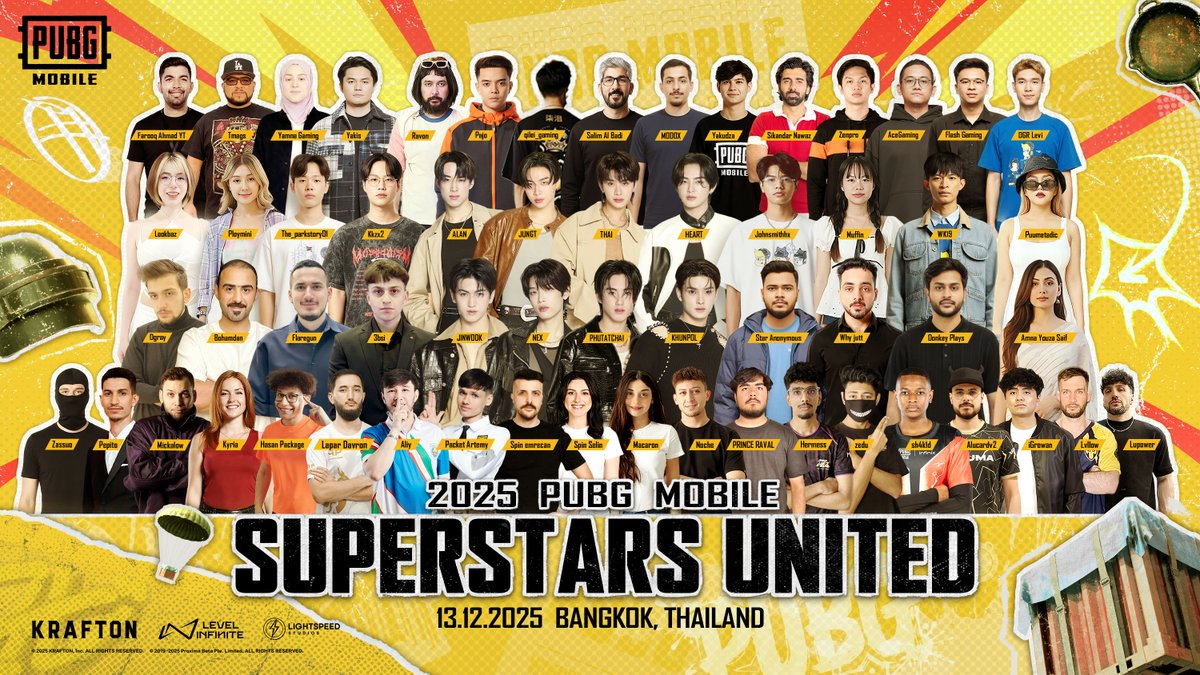 Das offizielle Poster für alle Mitglieder von PUBG MOBILE SUPERSTARS UNITED 2025 ist da! 🎉
Der globale Influencer-Teamwettbewerb startet in Kürze! Ein spannendes Crossover-Battle voller Action! 🔥

pubgmobile.go.link/PUBGMBKK

#PMGC2025
#PUBGMBKK
#PUBGMSUPERSTARSUNITED
#PUBGMOBILE