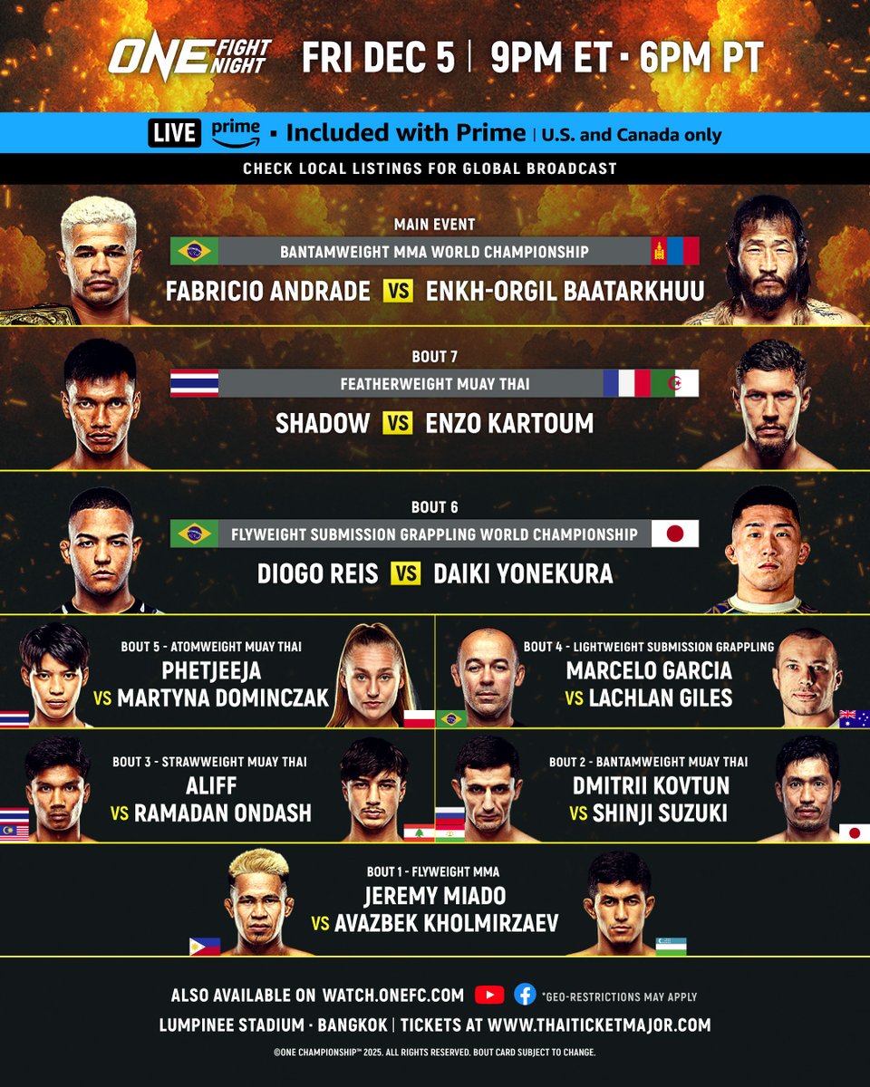 ONEChampionship's tweet photo. December MADNESS 🔥 We've got an ELECTRIFYING lineup of fights at ONE Fight Night 38 on Prime Video, headlined by the ONE Bantamweight MMA World Championship clash between divisional kingpin Fabricio Andrade and Mongolian superstar Enkh-Orgil Baatarkhuu 👑 Which fights are you pumped for on December 5?

Mohamed Younes Rabah and Nontachai have withdrawn from their matchups due to illness, and have been replaced by Enzo Kartoum and Dmitrii Kovtun. We wish both athletes a speedy and full recovery.

#ONEFightNight38 | Dec 5 at 9PM ET
🇺🇸🇨🇦 Watch Live on Prime
🇬🇧🇮🇪 Watch Live on Sky Sports
🌍 Live TV broadcast in 190+ countries (check local listings)
🌍 Also available on ONE YouTube and ONE Facebook (geo-restrictions may apply)
🌍 Also available on https://t.co/WBma6JlBQc (geo-restrictions may apply)
🎟️ Tickets 👉 https://t.co/N1HJgmeqoM