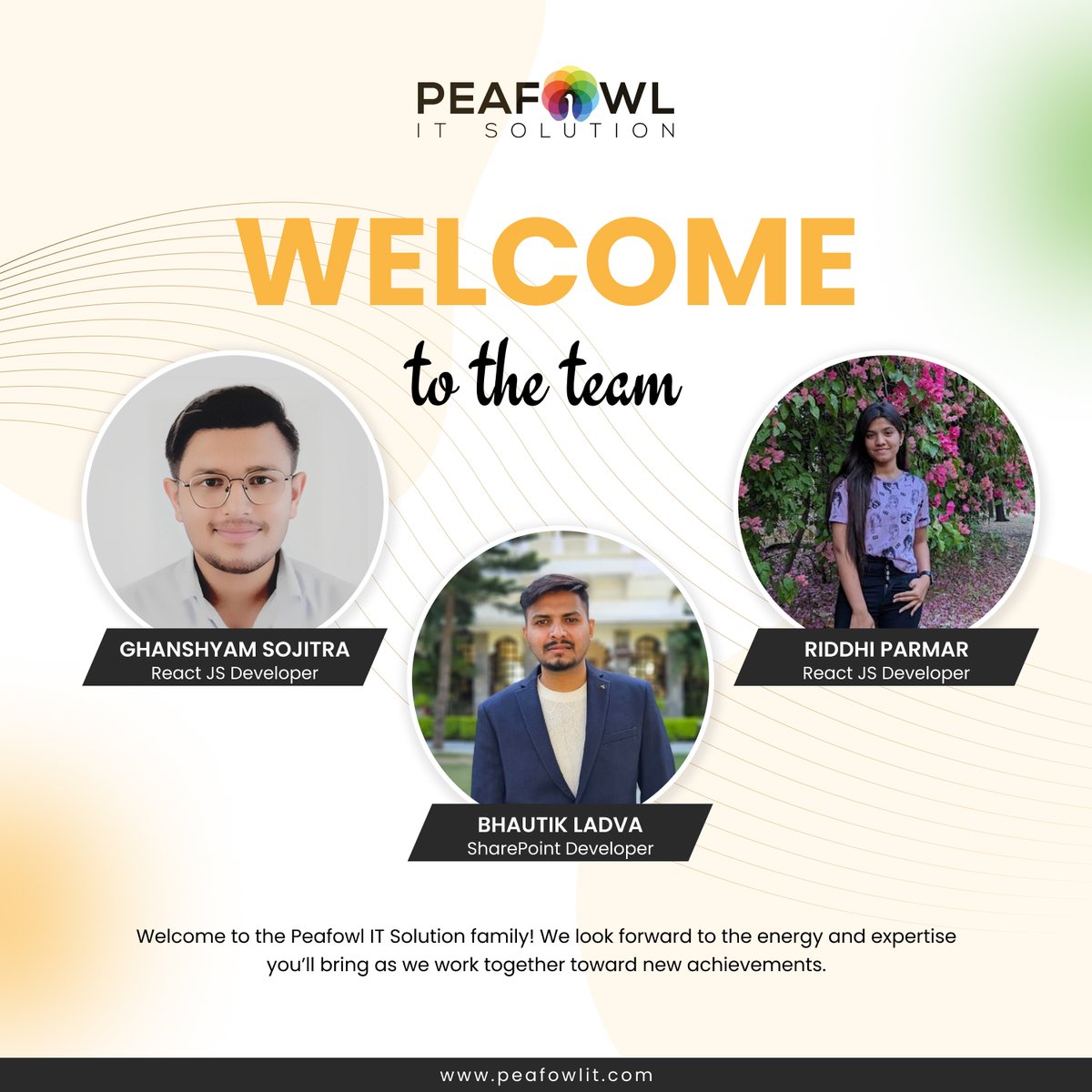 peafowlit's tweet image. 🌟 Welcome aboard, Ghanshyam, Riddhi &amp;amp; Bhautik! 🌟

Thrilled to have you join Peafowl IT Solution as our new SharePoint and React Developers. Excited to innovate and grow together! 💻✨

#WelcomeToTheTeam #SharePointDeveloper #ReactDeveloper #PeafowlITSolution #TeamGrowth
