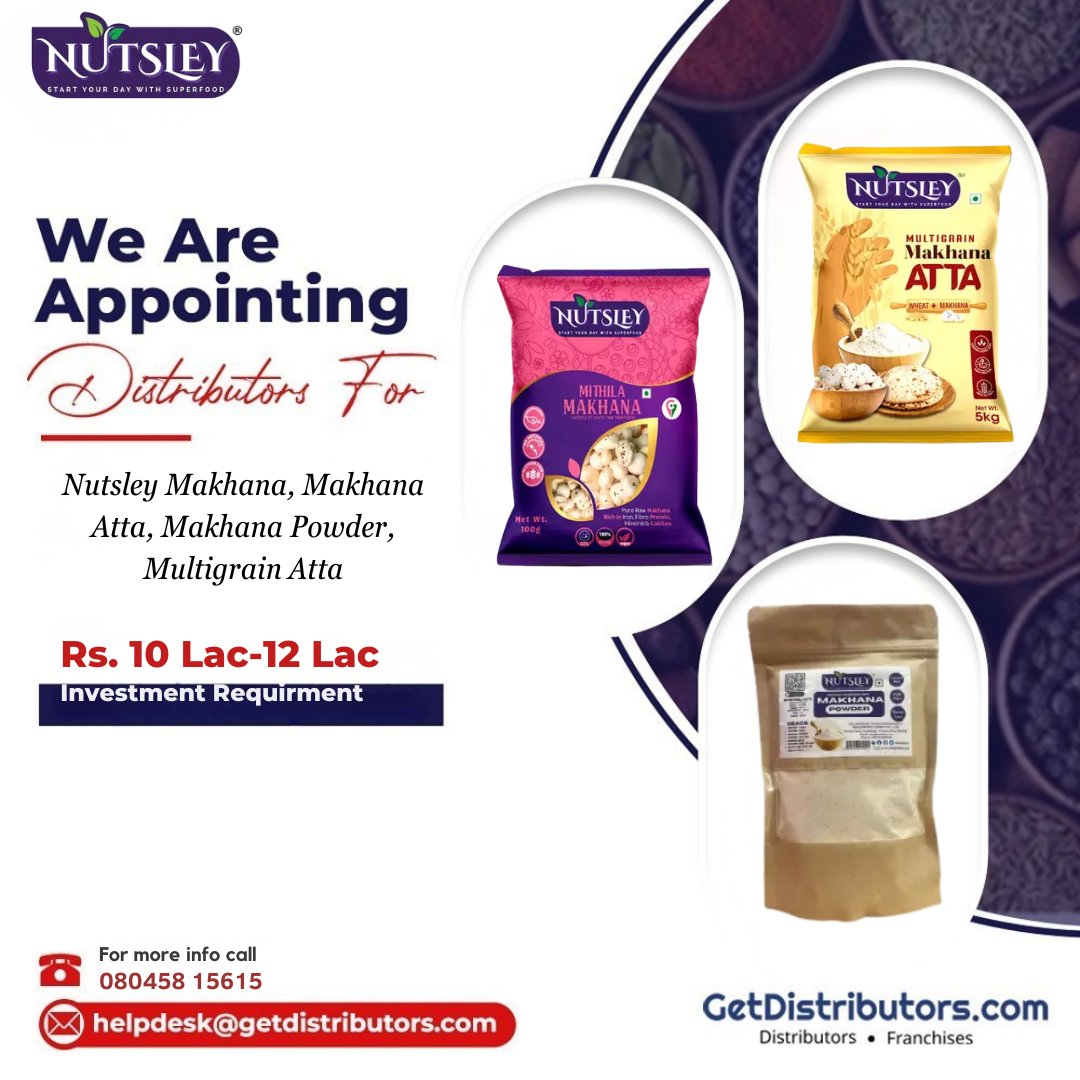 getdistributors's tweet image. Inviting #Distributors for Nutsley Makhana, Makhana Atta, Makhana Powder, and Multigrain Atta.
Brand 👉 #Nutsley
Details 👉 getdistributors.com/tiny/KUlgaR0SXg

★Investment : ₹ 10 - 12 Lac
★Attractive profit margins
★Exclusive territorial rights

#HealthyfyeFoodsPrivateLimited #Makhana