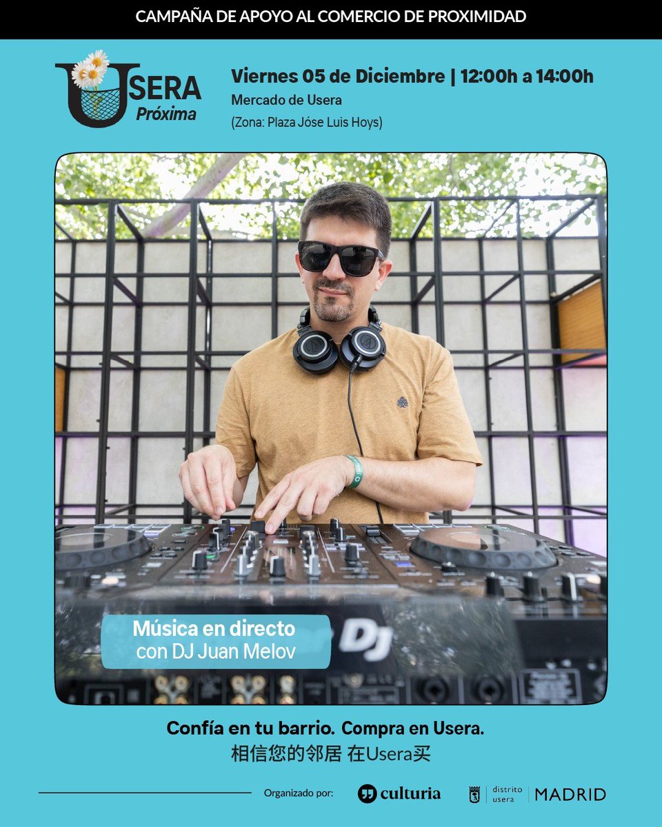 El viernes 5 de diciembre celebramos el arte y la comunidad en el Mercado de #Usera con el Taller Exprés de Arte Comunitario “Colores del Barrio”
Guiados por los artistas del barrio Rol TCK y Juan Melov, crearemos una obra colectiva con arte urbano y música en directo.