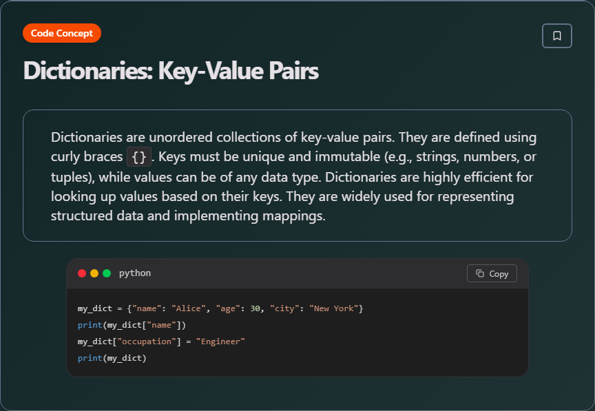 techielearns's tweet image. ✨ Dictionaries: Key-Value Pairs (Python)

#Python #PythonDev #DataScience #WebDev #100DaysOfCode #DevLife