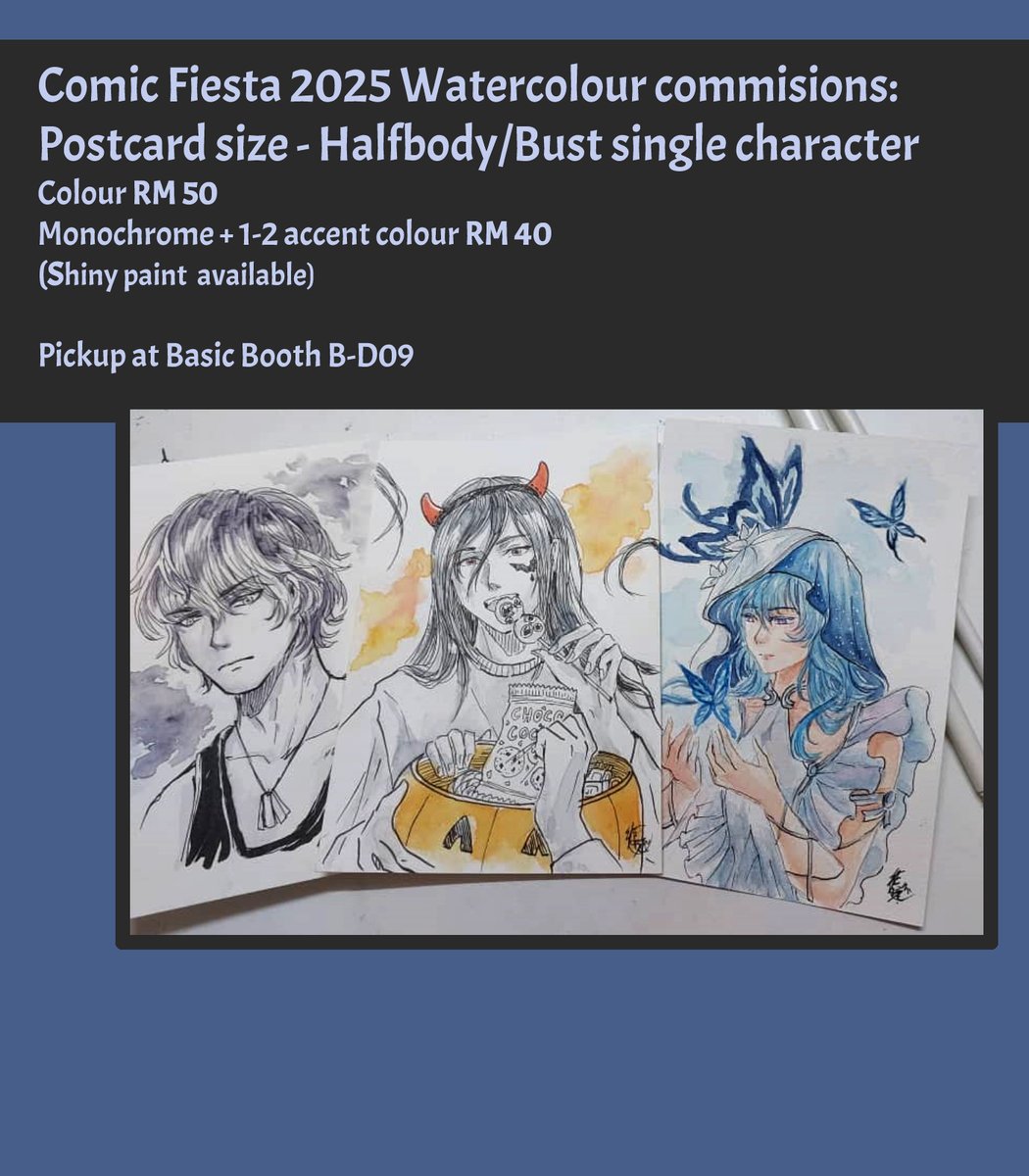 atsyrea's tweet photo. Commision preorders for Comic Fiesta (finally) open, DM to order! 
3 types: Ticket| Postcard| A5
Pickup at Basic booth B-D09
1/2
- Full payment upfront
- No NSFW/mecha 
- Personal use only, Absolutely do not use for AI 
#comicfiesta2025 #cf2025 #comicfiesta #comicfiestacatalogue https://t.co/1DPTkMHnk8