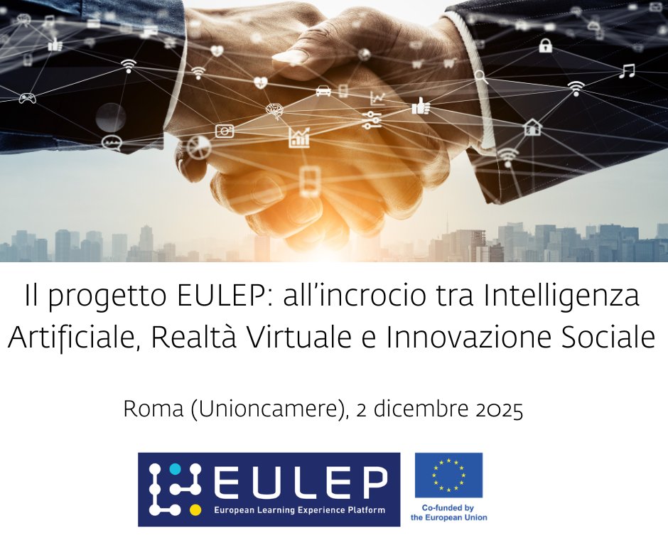 unioncamere's tweet photo. Domani ad #Unioncamere appuntamento con il progetto l'evento moltiplicatore finale di @EulepEU. Titolo dell'evento: "All'incrocio tra #AI, #realtàvirtuale e #innovazionesociale". https://t.co/6l6pYLAHkP 
Per il partenariato italiano di #EULEP (composto da Unioncamere, @ifoasapereutile , @InappGov e @UniGenova ) sarà l'occasione per presentare i risultati del progetto europeo dopo oltre tre anni di attività. L’iniziativa, che coinvolge 20 partner di 8 Paesi coordinati da @Eurochambres, ha attuato un vasto programma di #formazione a beneficio di #imprese, #università e #scuole attraverso una piattaforma #elearning dedicata: https://t.co/qBAogDSmwC. In programma anche un approfondimento dal #SistemaExcelsior sulle #competenze ricercate dalle imprese, in particolare quelle relative al #digitale e al #green.